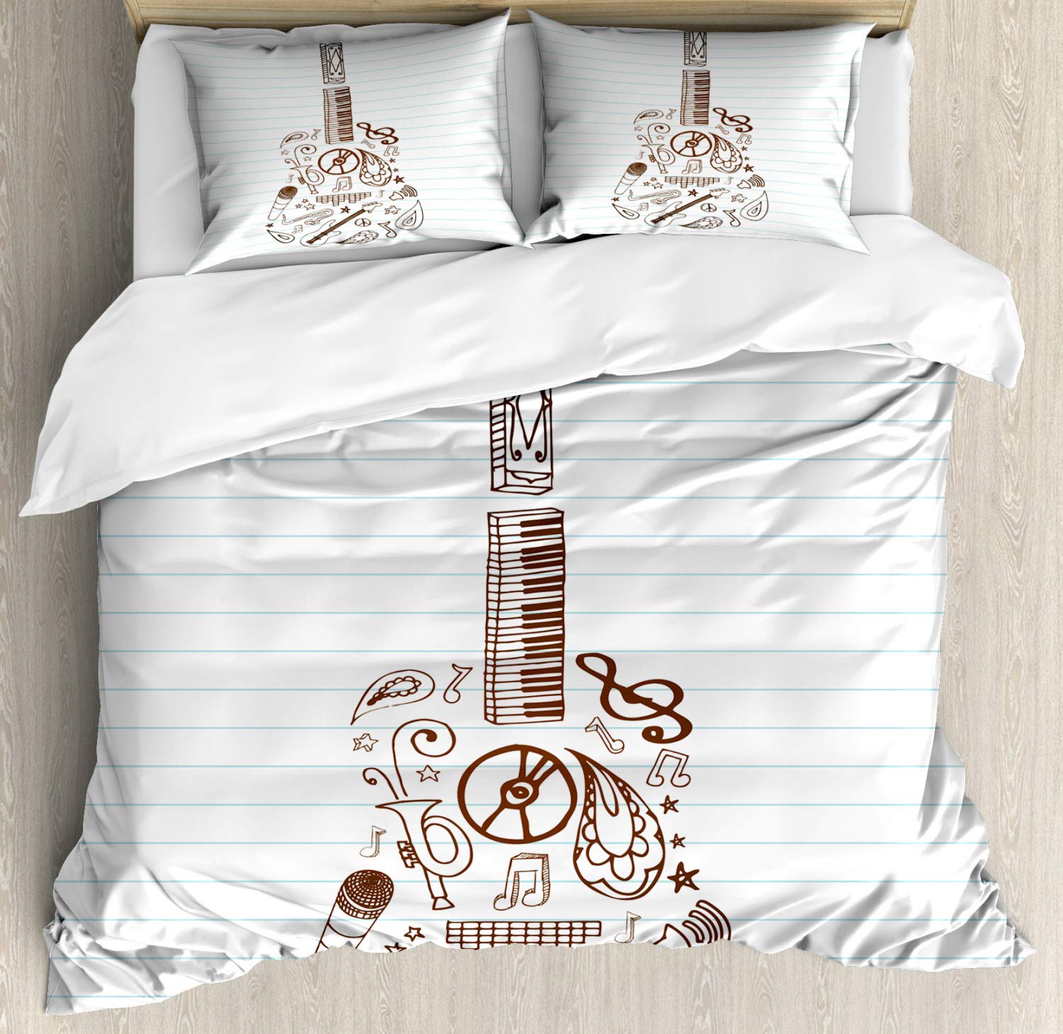 Ambesonne Music Themed Duvet Cover Set - Microphone, Tambourine, Trumpet & Volume Symbol Print, 3-Piece Queen Size Bedding with 2 Pillow Shams (White Chocolate) | Perfect for Musicians' Bedrooms, Recording Studios & Music Lover Home Decor