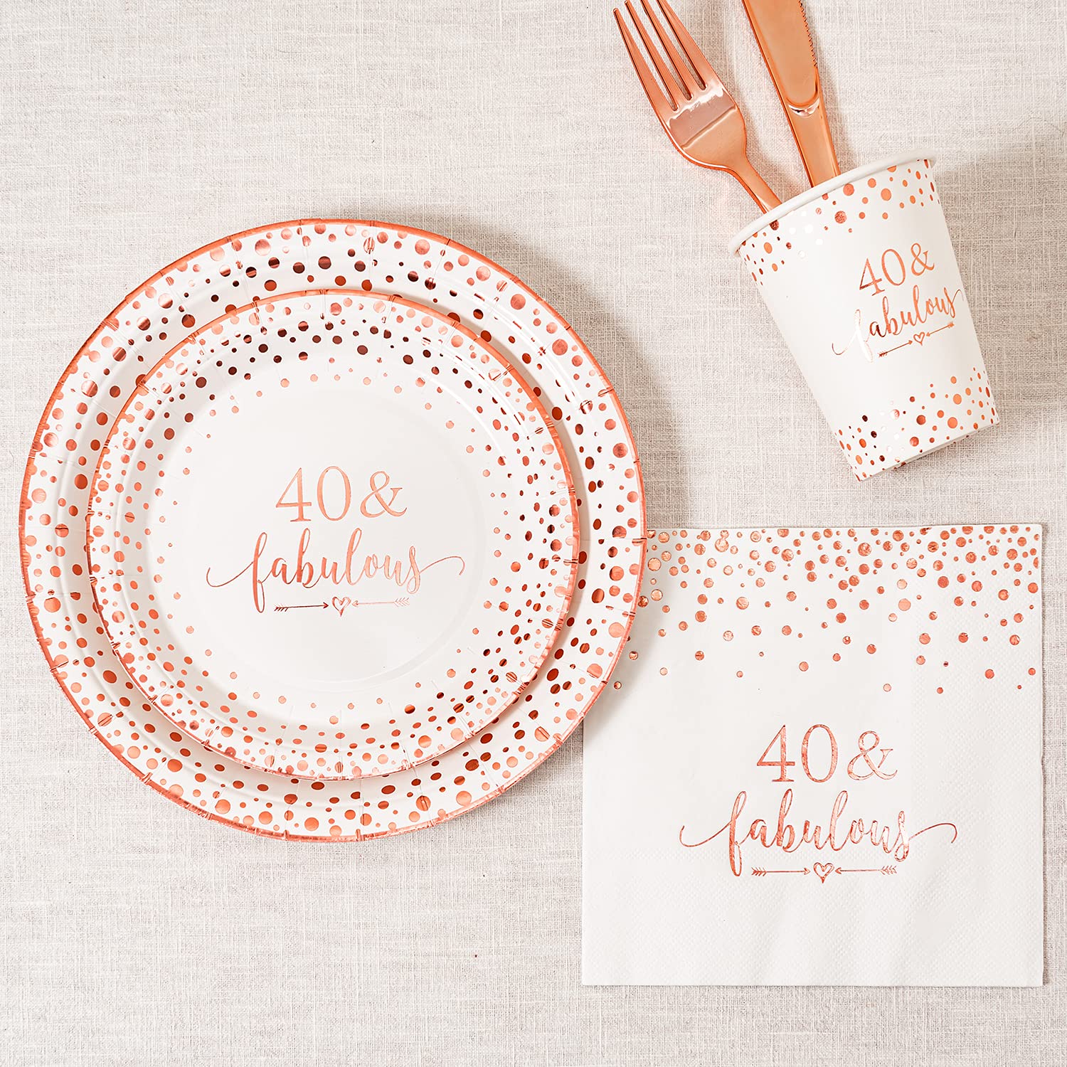 40th Birthday Party Decorations - Rose Gold Foil Disposable Tableware Set (24-Piece) with 9