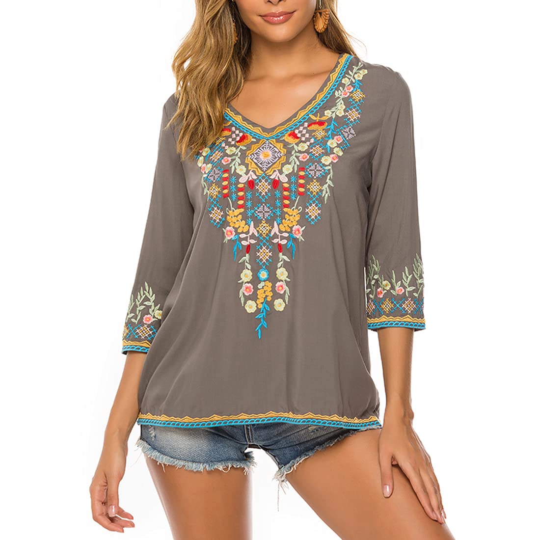 AK Women's Embroidered 3/4 Sleeve V-Neck Peasant Tunic Blouse - Traditional Mexican Style Embroidered Top for Women | Perfect for Festivals, Vacations & Boho Chic Outfits