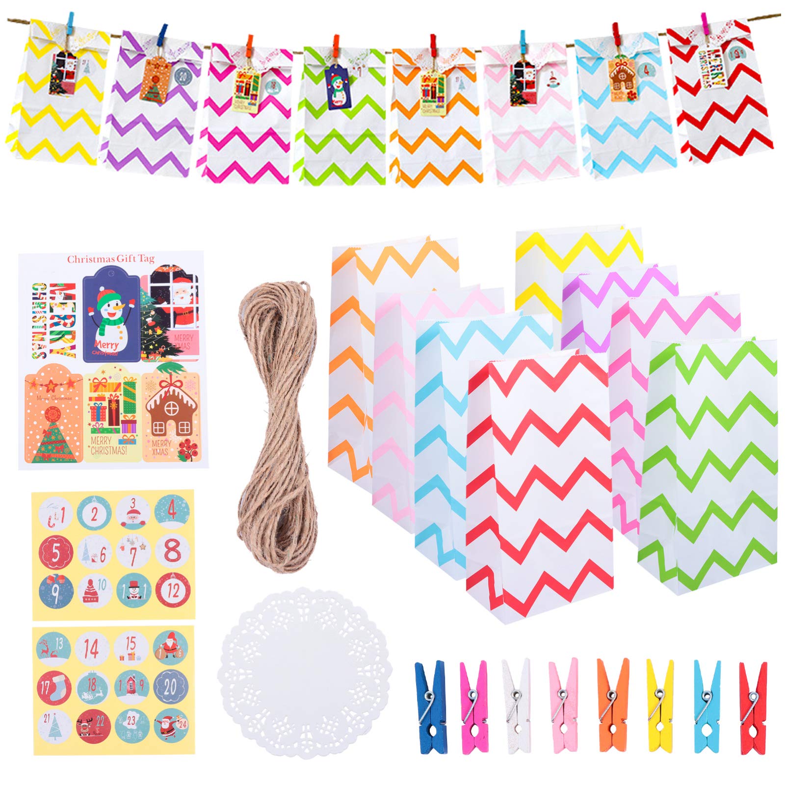 24 Days Christmas Countdown Advent Calendar Gift Bags - Kraft Paper Treat Bags for Holiday Decor, Party Favors & Stocking Stuffers - Wave Design Home Decoration