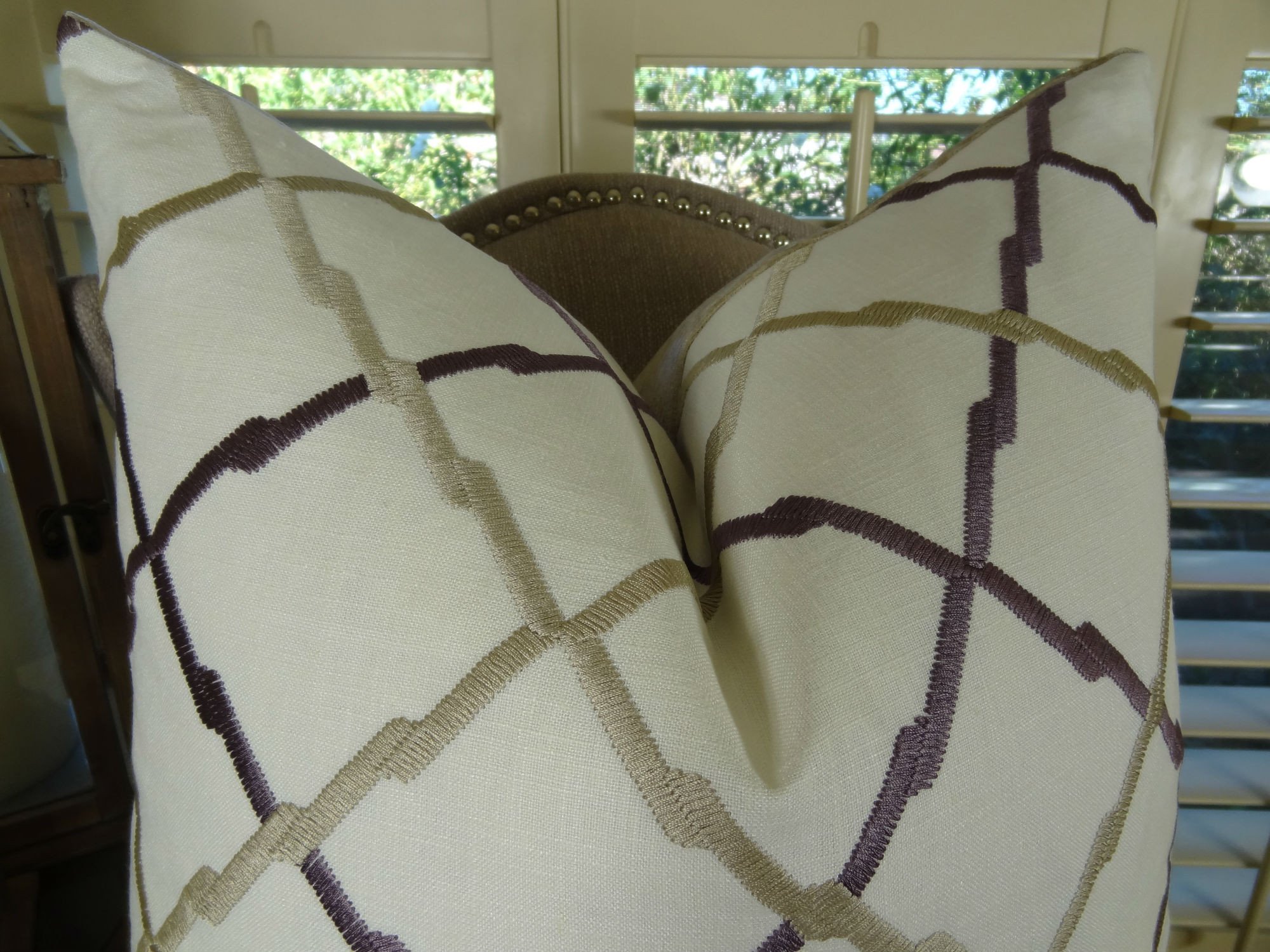 Modern Geometric Throw Pillow - White Tan Purple Diamond Moroccan Decorative Pillow - Handmade Embroidered Linen Cushion Cover - Made in USA | Perfect for Sofa, Bedroom & Boho Home Decor