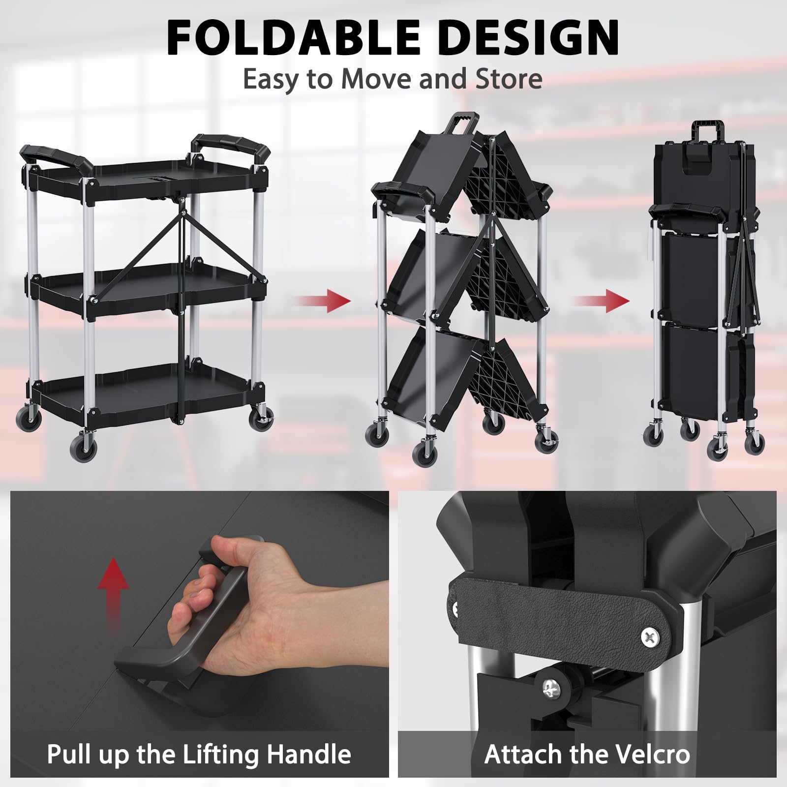 3 Tier Foldable Cart with Wheels - Heavy Duty Rolling Utility Cart for Home, Office, Garage & Warehouse | Collapsible Storage Cart with Locking Wheels | Perfect for Groceries, Laundry, Moving Boxes & Organizing Supplies (Black)