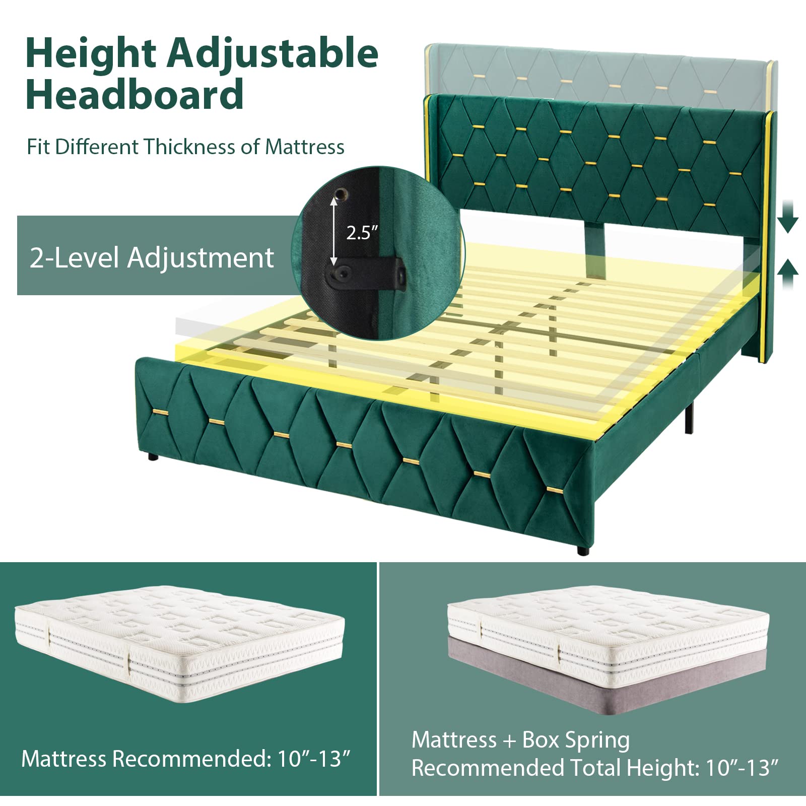 Giantex Full Size Upholstered Platform Bed Frame with Adjustable Headboard - Wooden Slat Support, Heavy Duty Gold Trim Tufted Design - No Box Spring Needed - Easy Assembly - Green Velvet - Perfect for Modern Bedrooms, Guest Rooms & Small Spaces
