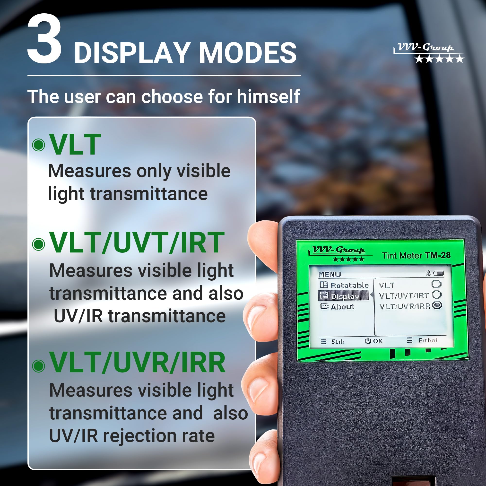 Digital Car Window Tint Meter TM-28 - Professional Auto Tint Tester for Light Transmission, UV/IR Protection Measurement with Auto Calibration & Rotatable Display | Perfect for Vehicle Inspection, Law Enforcement & DIY Car Tinting