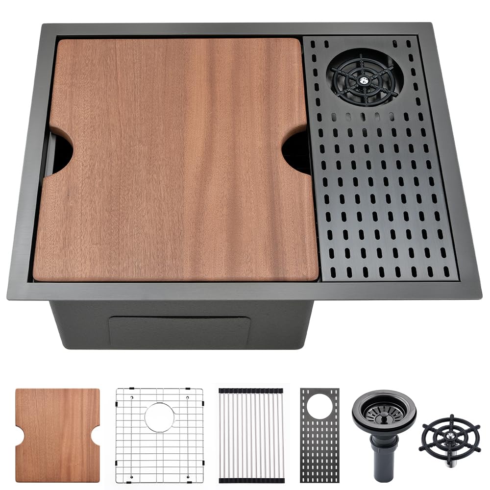 24 Inch Black Undermount Kitchen Sink with Glass Rinser - 16 Gauge Deep Single Bowl Stainless Steel Sink for Wet Bar & Workstation | VASOYO 24x19 Inch | Perfect for Modern Kitchens, Bars & Commercial Use