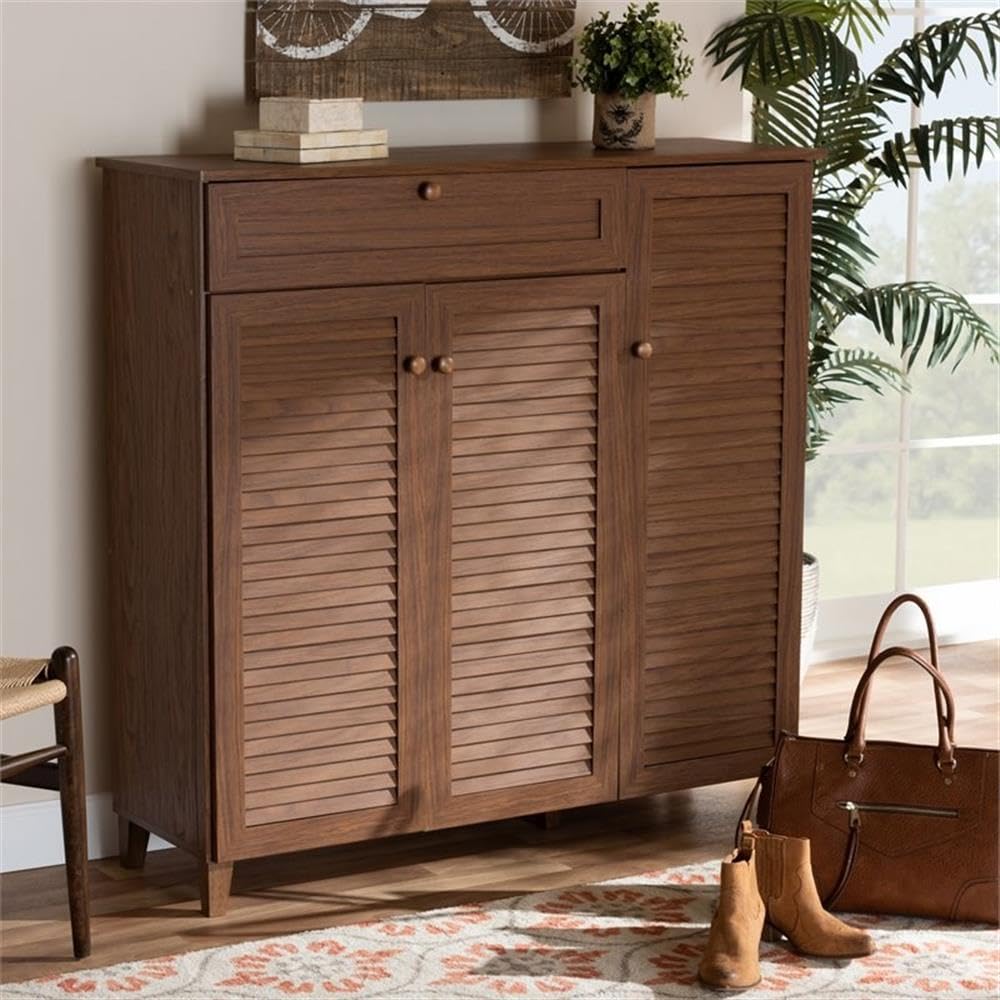 Baxton Studio Coolidge 11-Shelf Modern Shoe Storage Cabinet with Drawer - Walnut Finish Wooden Organizer for Entryway, Closet & Bedroom