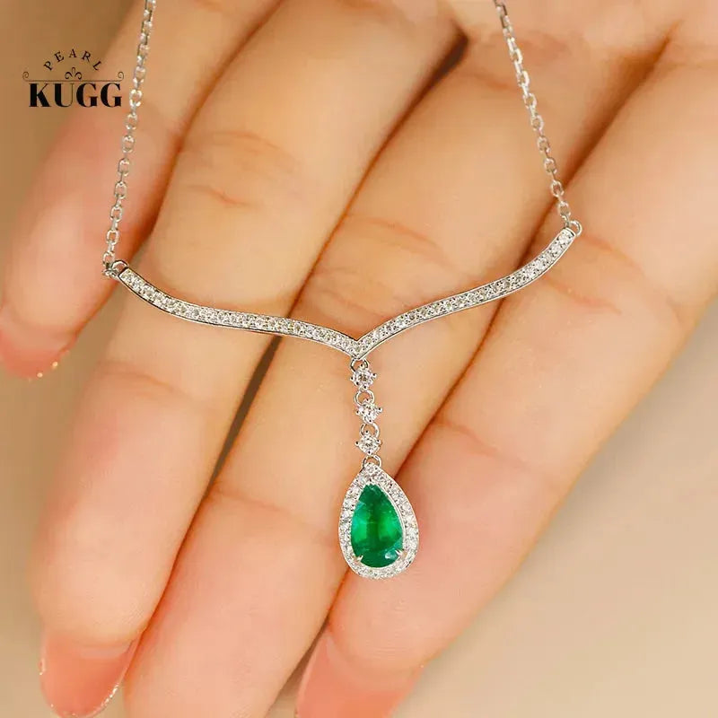 18K White Gold Diamond & Emerald Drop Necklace for Women - Elegant Water Drop Pendant, Real Natural Gemstone Jewelry for Parties, Weddings & Special Occasions