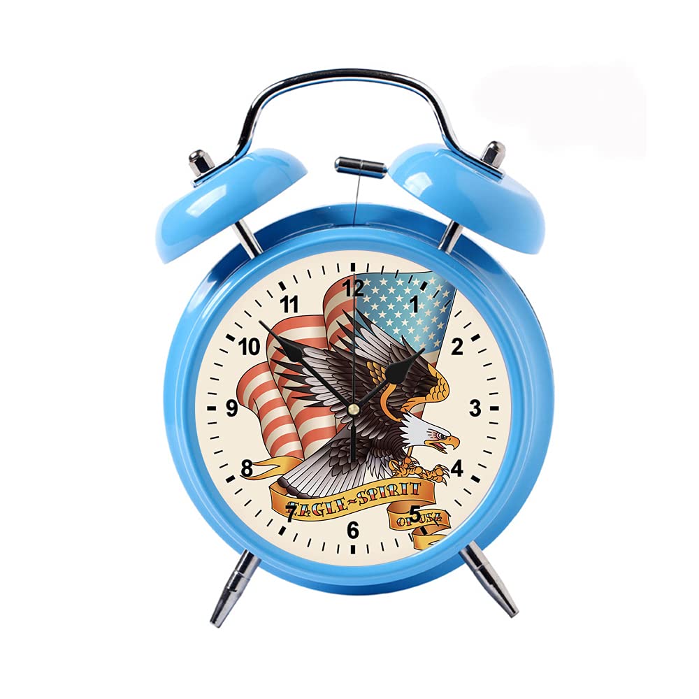 Vintage Double Bell Alarm Clock with Night Light - Silent Analog Desktop Clock, American Flag & Eagle Design - Perfect for Bedroom, Office, and Home Décor