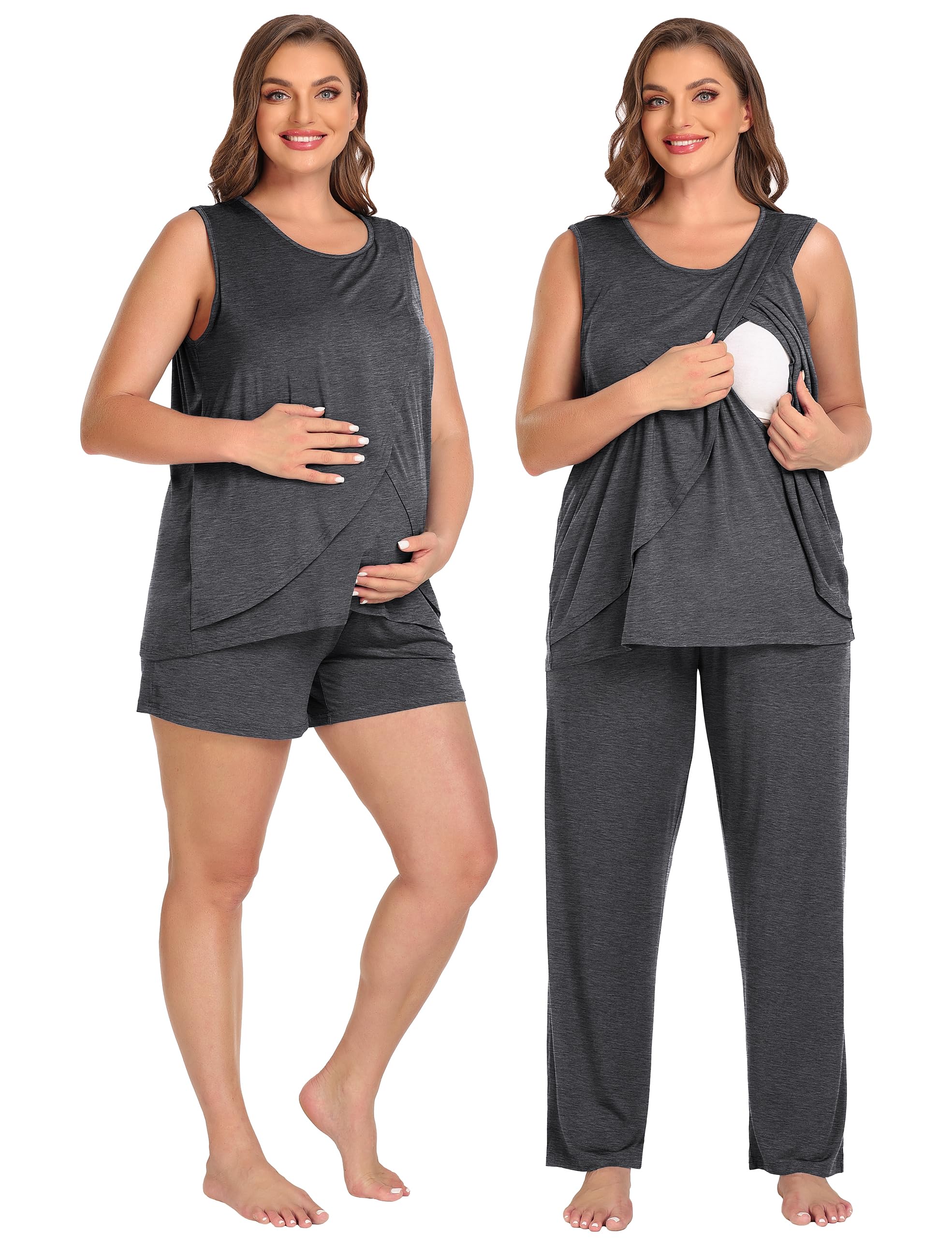 SWOMOG Women's Maternity Pajama Set - 3 Piece Nursing Sleepwear with Pockets, Sleeveless Breastfeeding Pajamas for Pregnancy & Postpartum Comfort - Perfect for Nighttime Nursing, Hospital Stay and Relaxing at Home