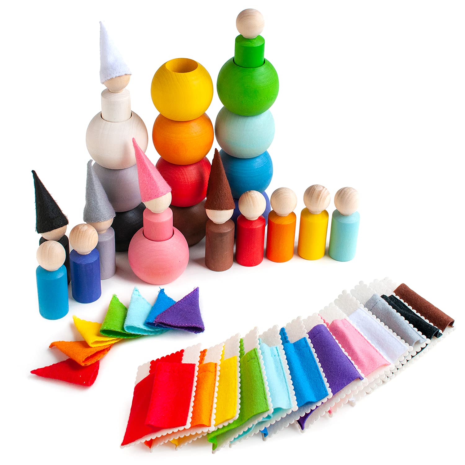 Ulanik Wooden Montessori Toy - 12 Peg Dolls with Hats & Beds in a Ball (60mm) - Color Sorting & Counting Game for Preschool Education - Perfect for Toddlers Age 3+ | Great for Montessori Learning, Early Childhood Development & Sensory Play