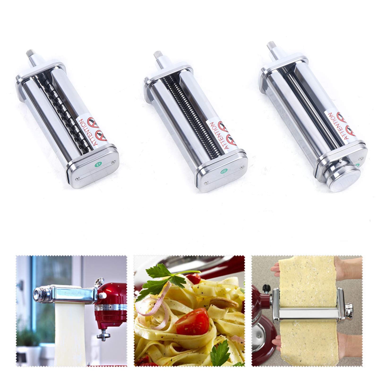 3-Piece Stainless Steel Pasta Roller & Cutter Set for KitchenAid Stand Mixers - Spaghetti, Fettuccine & Lasagna Maker Attachment - Perfect for Homemade Italian Pasta Making