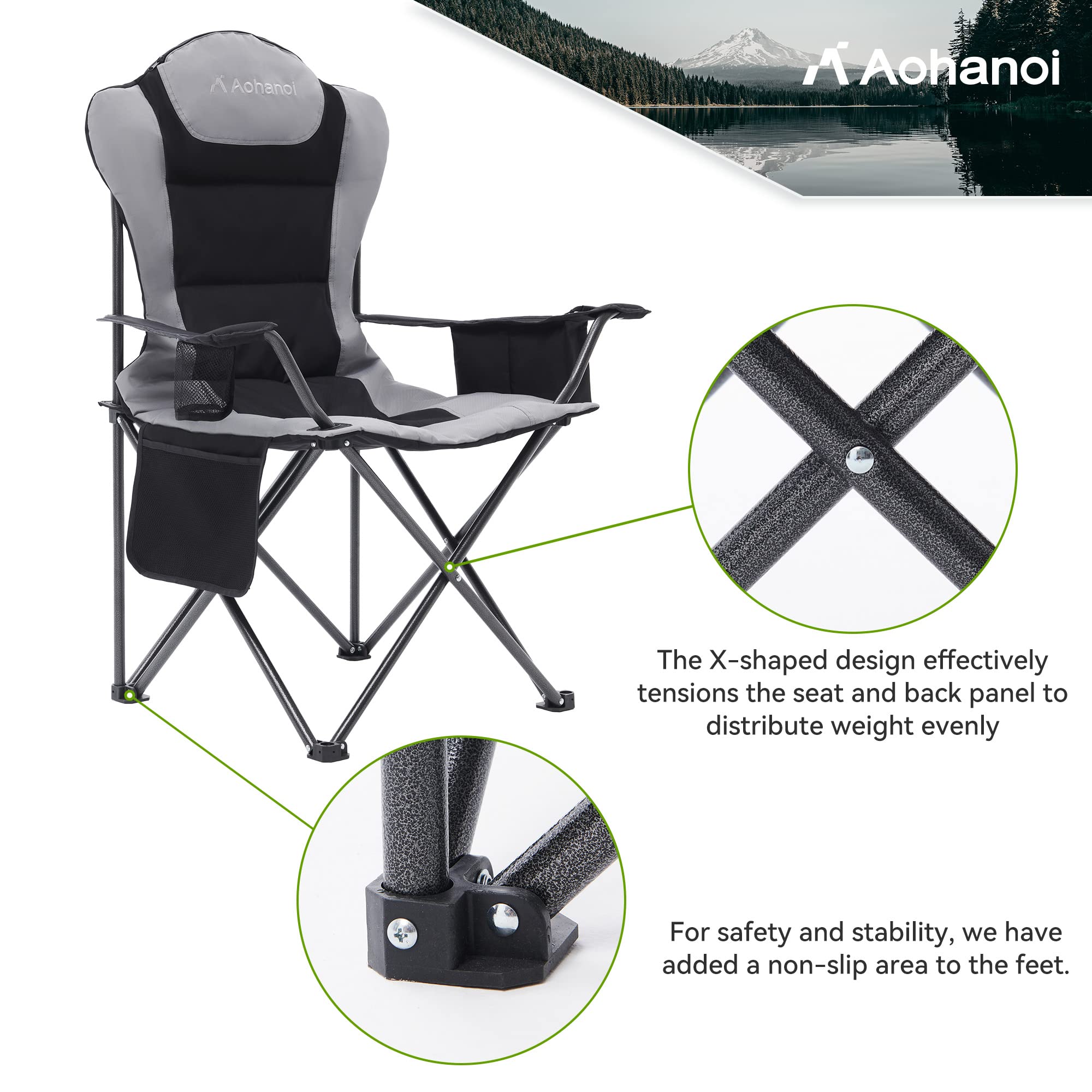 **Heavy Duty Camping Chairs for Adults - 300lbs Capacity Folding Outdoor Chairs with Cup Holder & Cooler Bag - Portable & Sturdy for Camping, Beach, Picnics, Backyard, and Tailgating (Black, 1 Pack)**