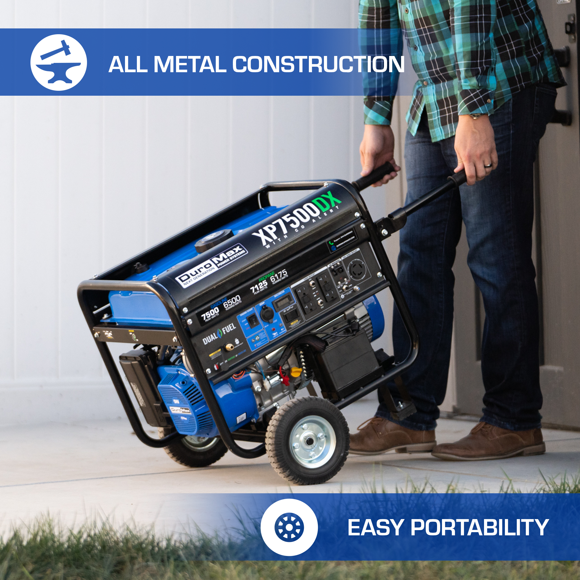 7,500 Watt Dual Fuel Portable Generator with CO Alert - Reliable Backup Power for Home, Camping & Outdoor Emergencies