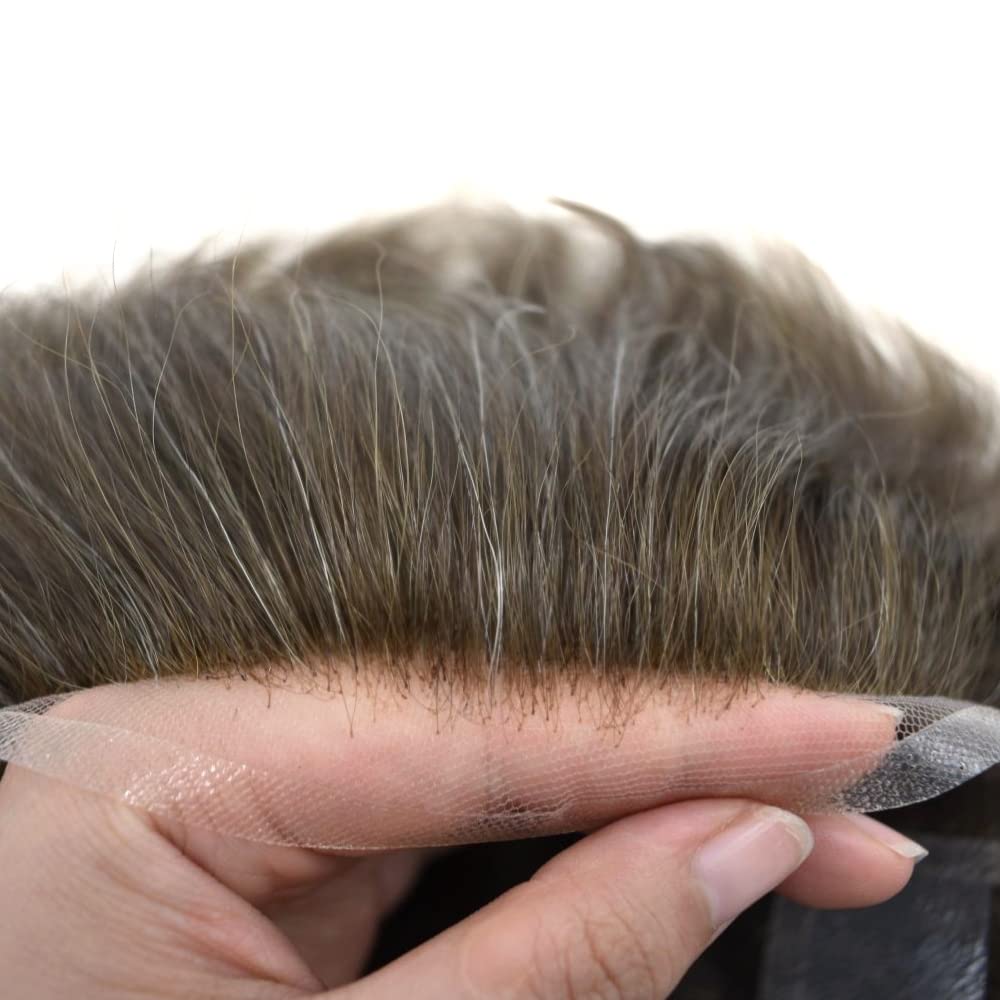 Men's Swiss Lace Toupee - 100% Human Hair Replacement System with PU Bleached Knots & Natural Hairline | 8''x10'' Light Medium Density Wig (310# Dark Brown with 10% Gray) | Perfect for Daily Wear, Special Occasions & Hair Loss Solutions