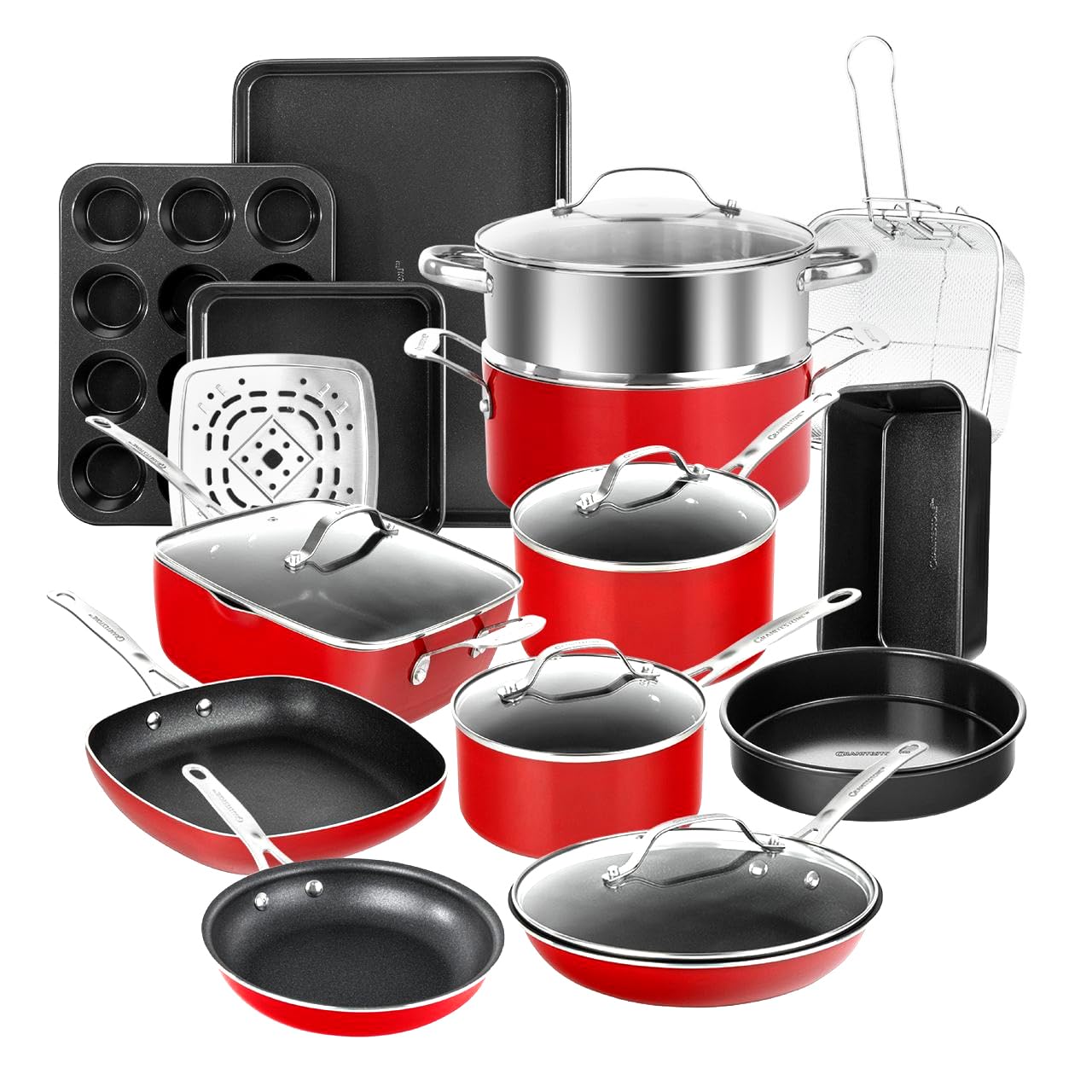 Granite Stone 20-Piece Nonstick Cookware & Bakeware Set - Red Pots and Pans with Mineral Diamond Coating | Ultra Durable, Oven & Dishwasher Safe | 100% Toxin-Free for Healthy Cooking | Perfect for Baking, Frying, and Everyday Meal Prep