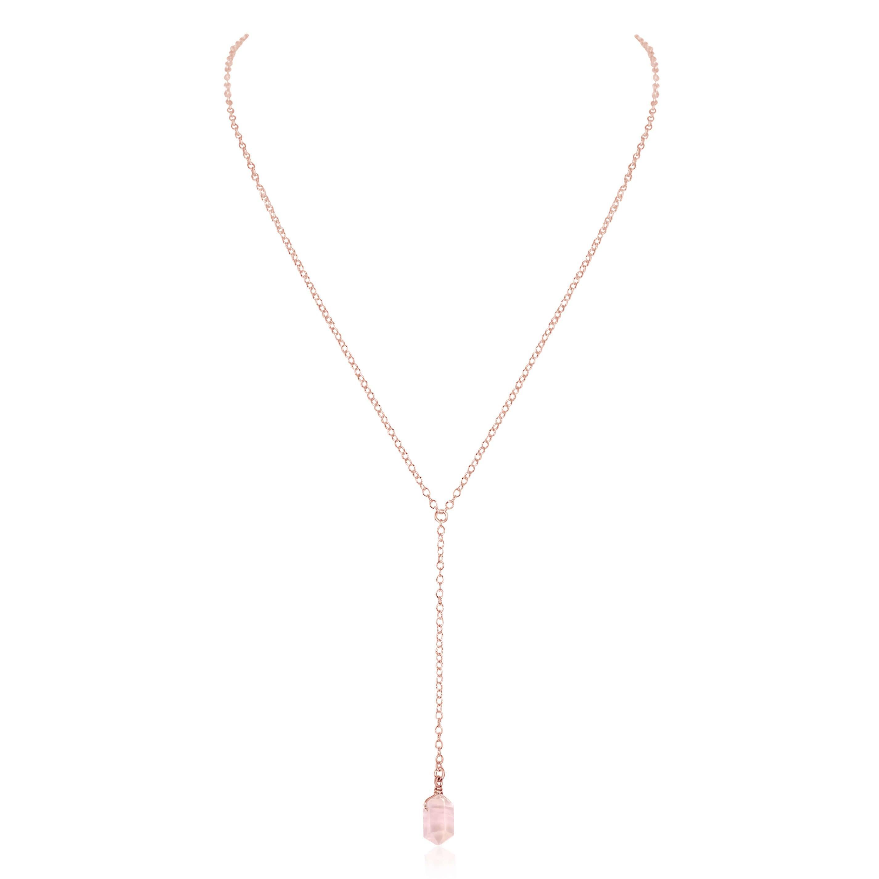 Rose Quartz Double Terminated Mini Crystal Point Lariat Necklace - Healing Stone Jewelry for Women, Dainty Boho Pendant Necklace - Perfect for Meditation, Energy Work & Everyday Wear