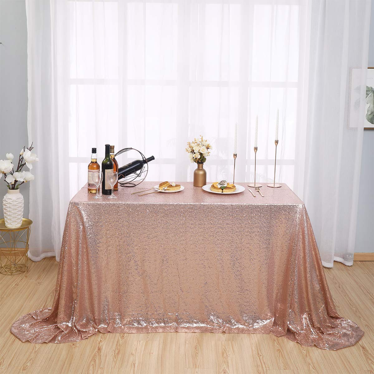 Kirsooku Rose Gold Sequin Tablecloth - 60x120 Inch Glitter Sparkly Iridescent Rectangle Table Cover for Wedding, Birthday Party, Halloween Decor - Elegant Event Table Decorations for Dining, Banquet & Special Occasions
