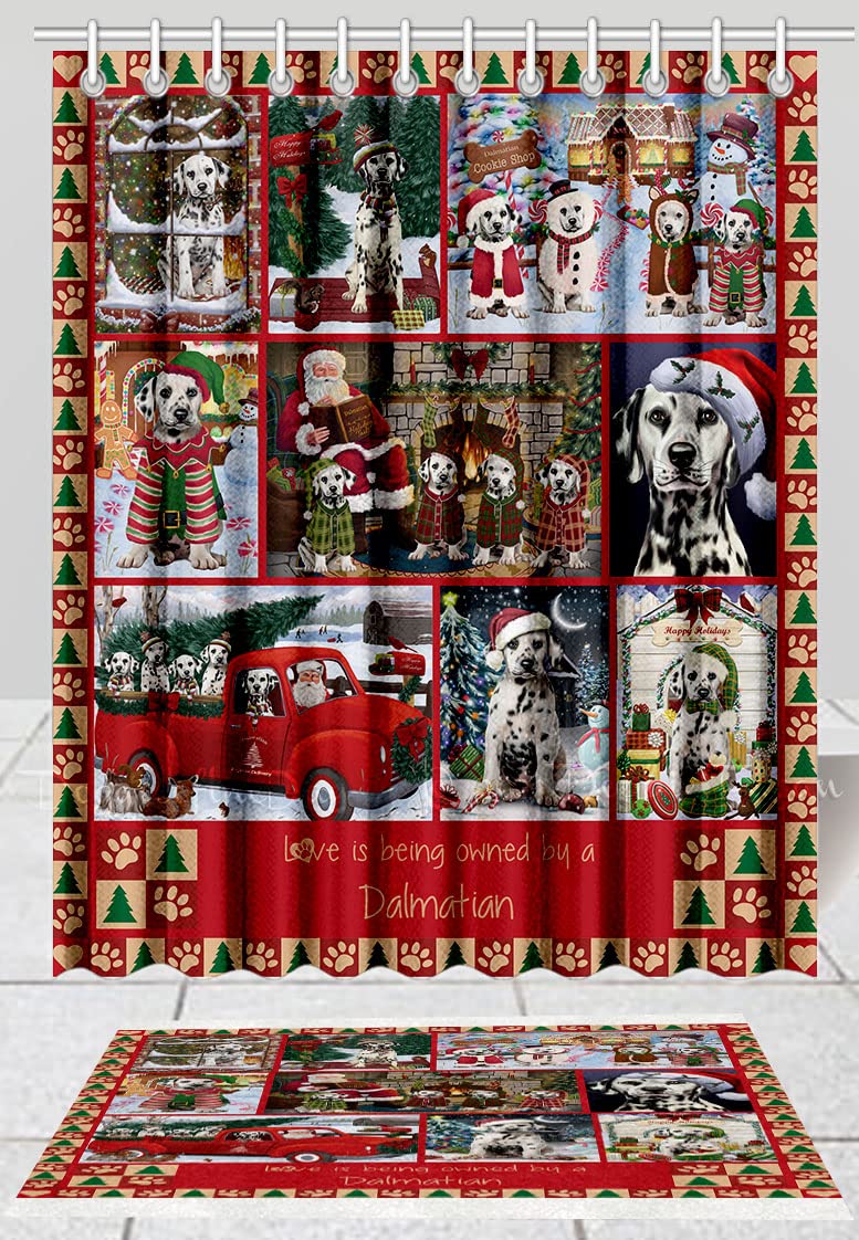 Christmas Dalmatian Dogs Shower Curtain & Bath Mat Set - Anti-Slip Bathroom Decor with Hooks, Plush Rug Mat & Polyester Curtain (Bath Mat 16x28 inches, Shower Curtain 69x70 inches) - Perfect for Holiday Bathroom Decor and Dog Lover Gifts
