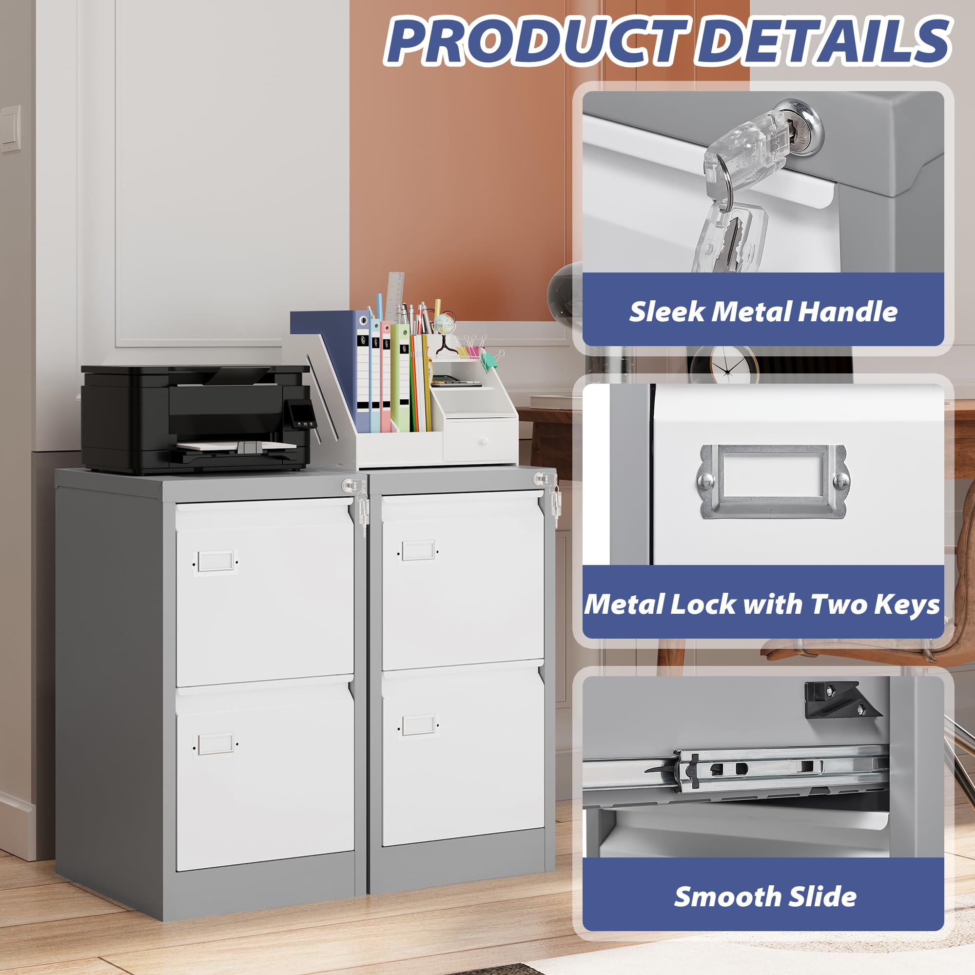2 Drawer Locking File Cabinet - Metal Vertical Small Filing Cabinet with Key, Steel Storage Cabinet for Home & Office Organization - Holds Letter/Legal/F4/A4 Size Files (Gray) - Perfect for Document Storage in Small Spaces, Closets & Home Offices