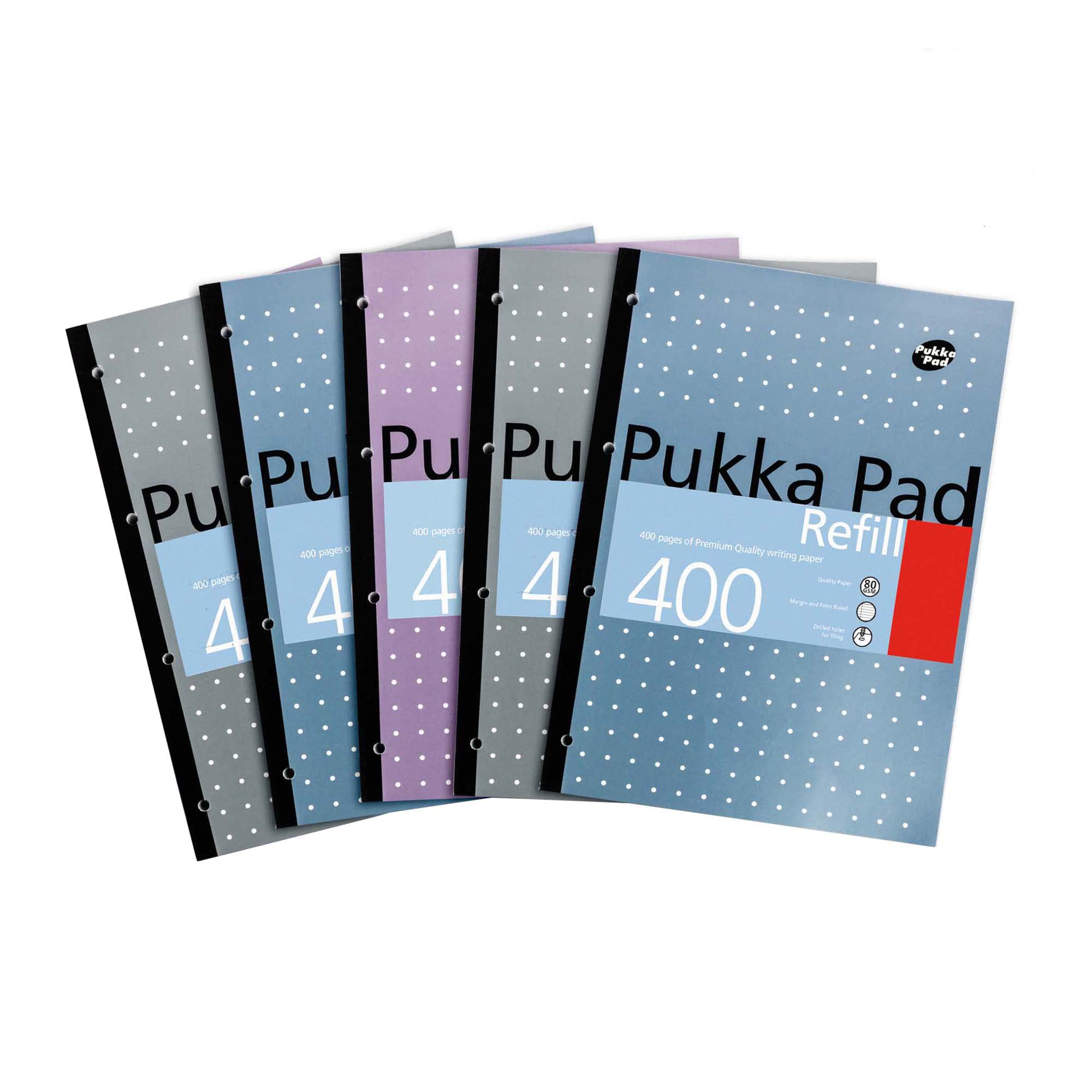 Pukka Pad A4 Refillable Notepad 5-Pack - 400 Pages 80GSM Paper with 4-Hole Punch & Feint Ruled Lines - 29.7x21cm (Blue,White,Pink,Silver) - Perfect for School, Office & Note Taking