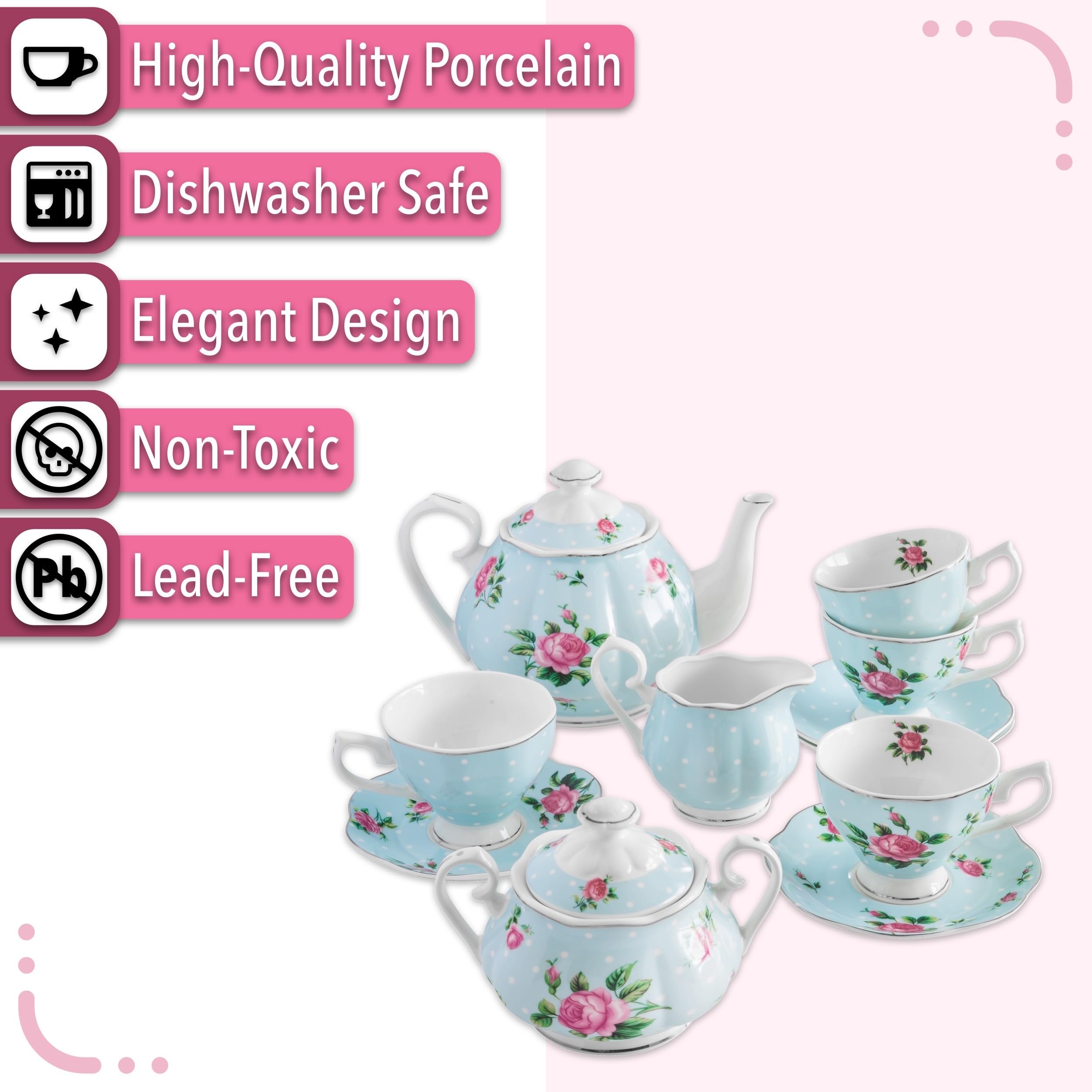 BTaT Floral Tea Set - 8oz Tea Cups, 38oz Teapot, Creamer & Sugar Bowl - Elegant Porcelain Tea Set for Adults (4-Piece) - Perfect for Afternoon Tea, Bridal Showers & Home Decor