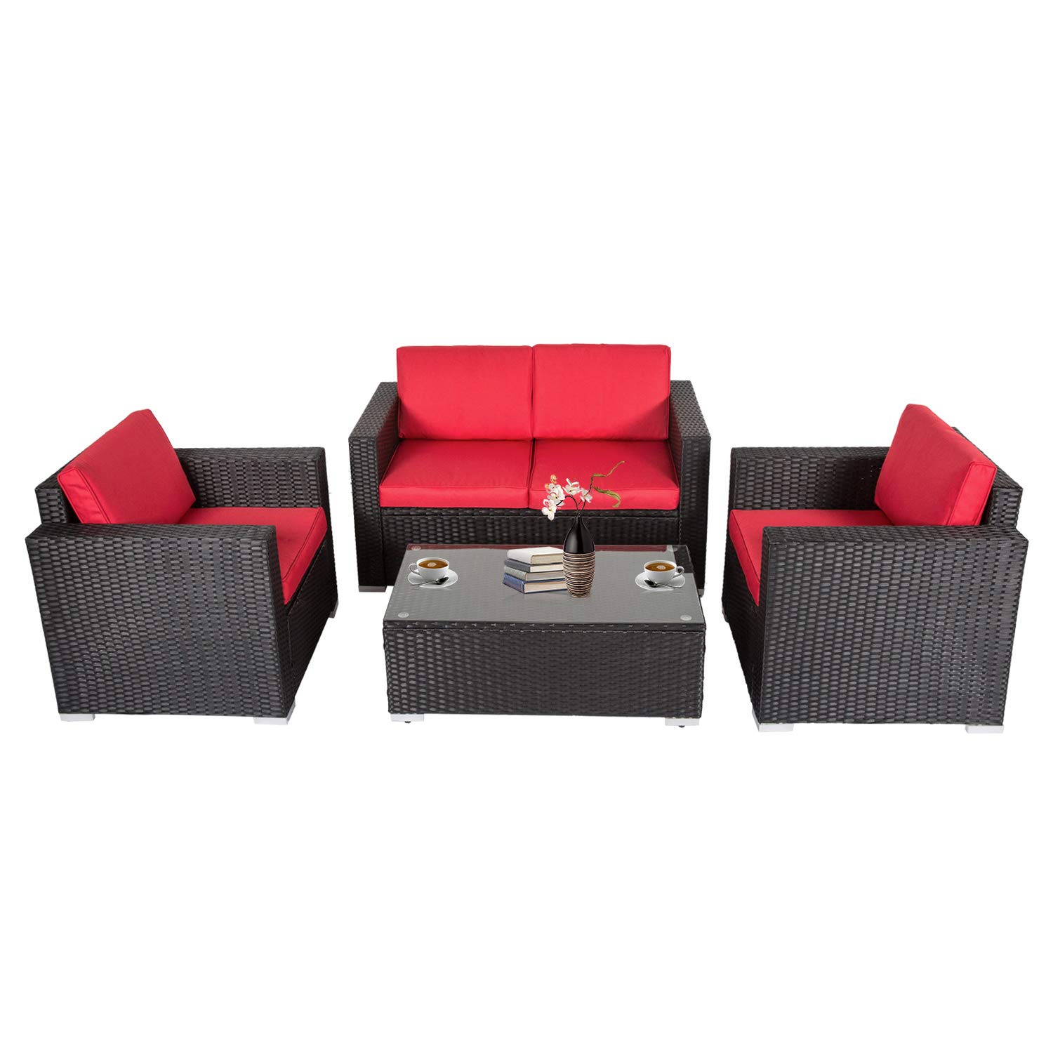 Kinbor 4-Piece Outdoor Patio Furniture Set - PE Rattan Conversation Sofa with Coffee Table & Cushions (Red) - Perfect for Garden, Backyard, Poolside Relaxation