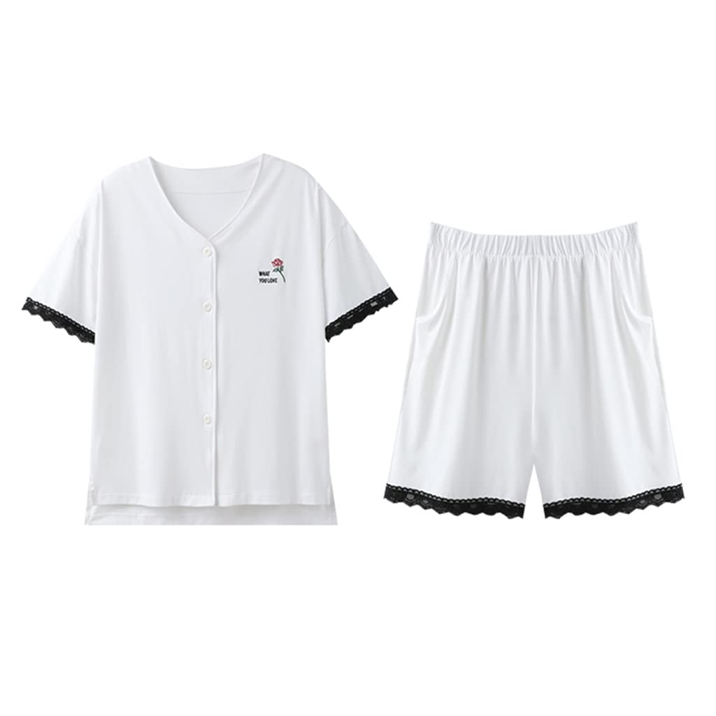Premium Modal Cotton Silk Pajama Set for Women - Soft Summer Short Sleeve & Shorts - Breathable Thin Ice Silk Sleepwear - Home Lounge Wear (White, Size L) - Perfect for Relaxing at Home, Vacation & Sleepovers