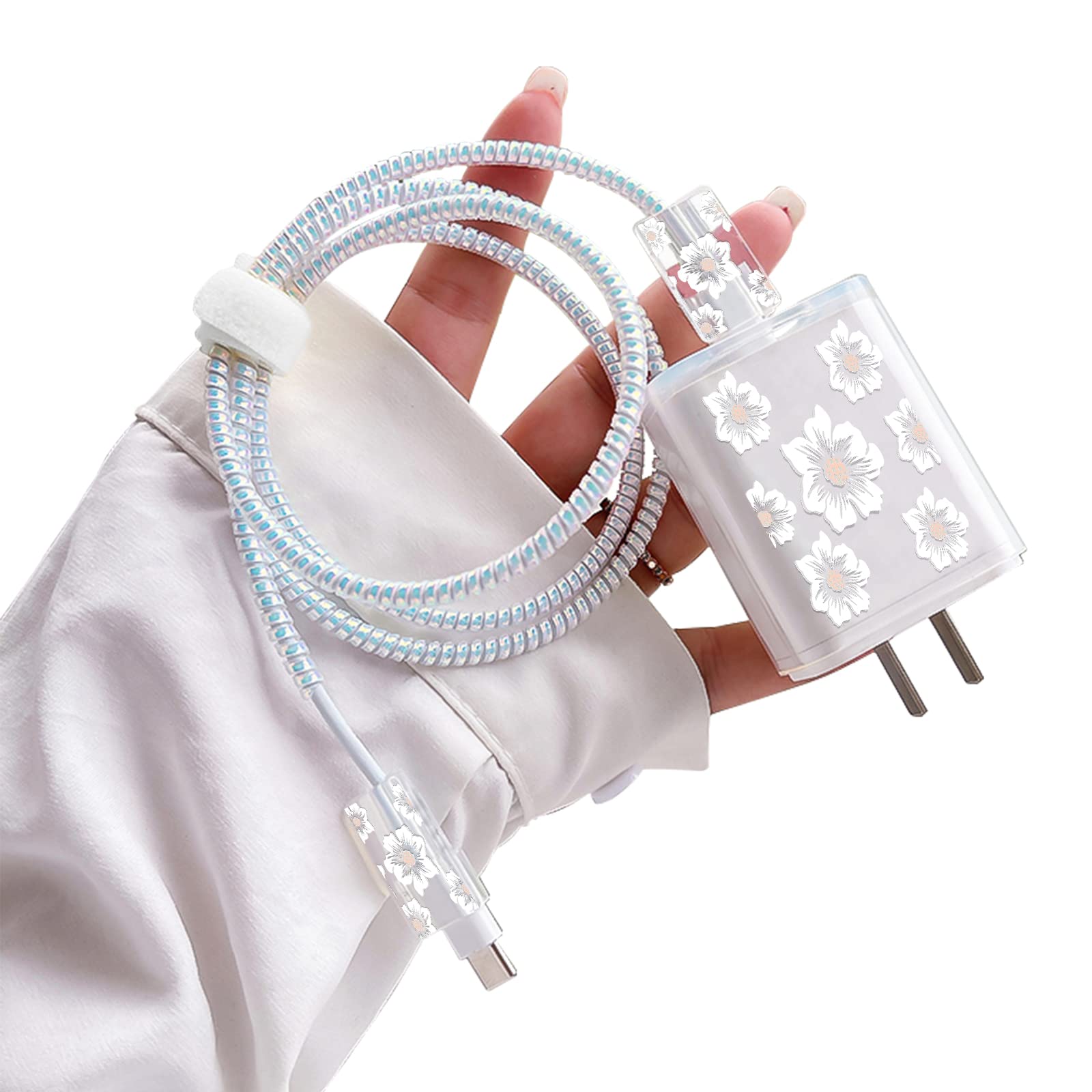 Elegant White Camellia Flower Cable Protector for iPhone Charger - DIY Cord Organizer for iPhone X/11/12/13/Pro Max - USB Charger & Earphone Wire Saver (Perfect for Home, Office & Travel Use)