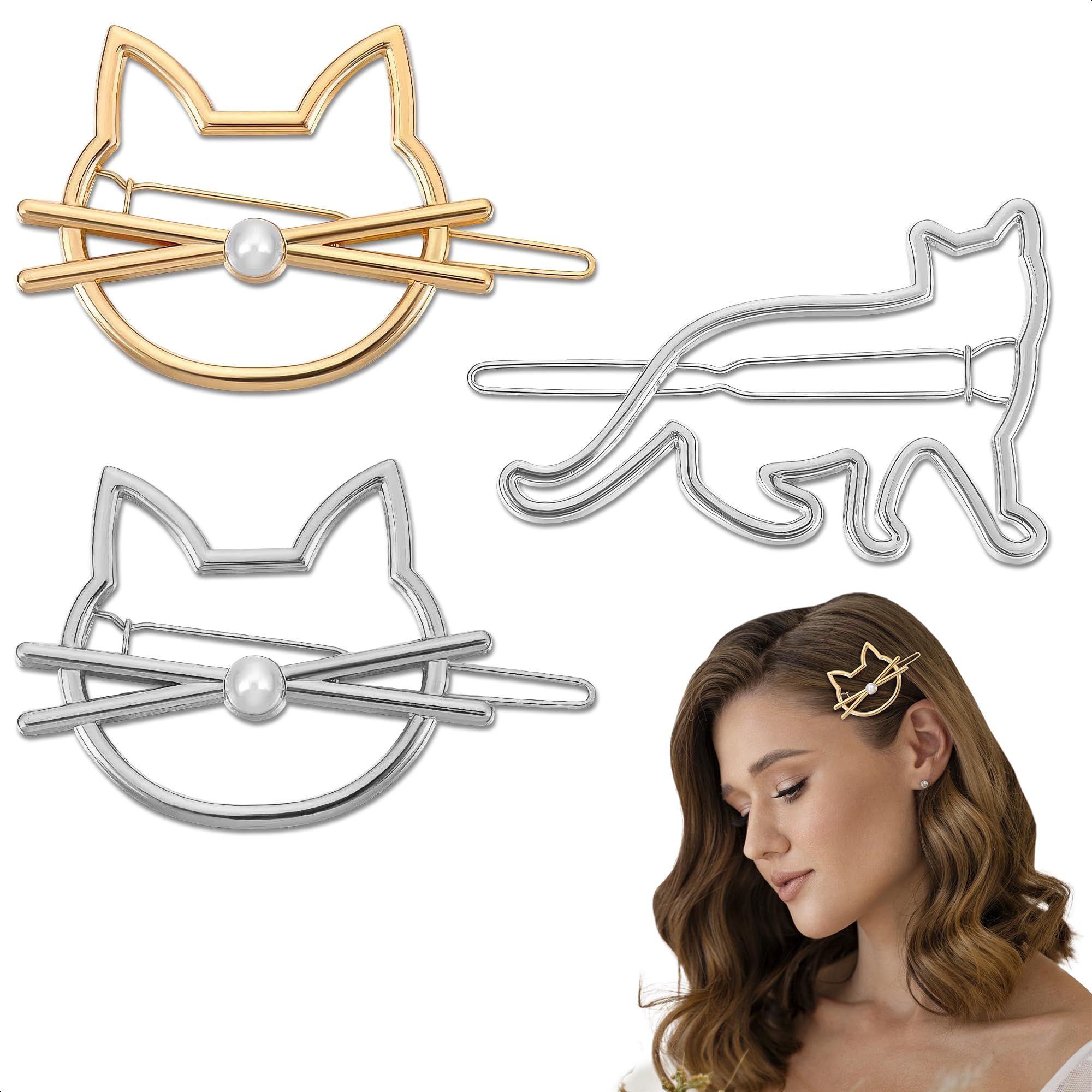 3Pcs Cute Cat Hair Clips for Women & Girls - Small Barrettes for Thin & Thick Hair, Kitty Hair Accessories & Novelty Pins - Perfect for School, Parties & Everyday Wear