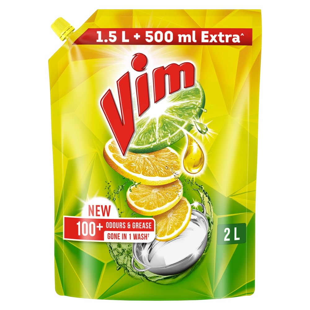 Vim Fresh Lemon Scent Dishwashing Liquid Gel 2L Refill Pack | Residue-Free Grease Cleaner for Kitchen Utensils | Super Saver Offer | Perfect for Daily Dishwashing and Tough Grease Removal