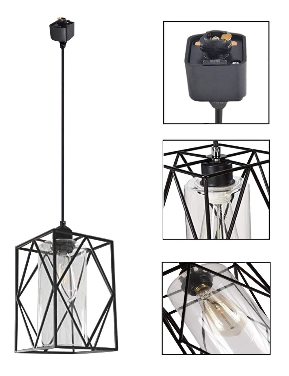 Kiven H Track Lighting Pendant - Elegant Metal Cage Pendant Light with Clear Glass Shade, 3-Light Industrial Style Fixture for Kitchen Island, Dining Room & Living Room Lighting