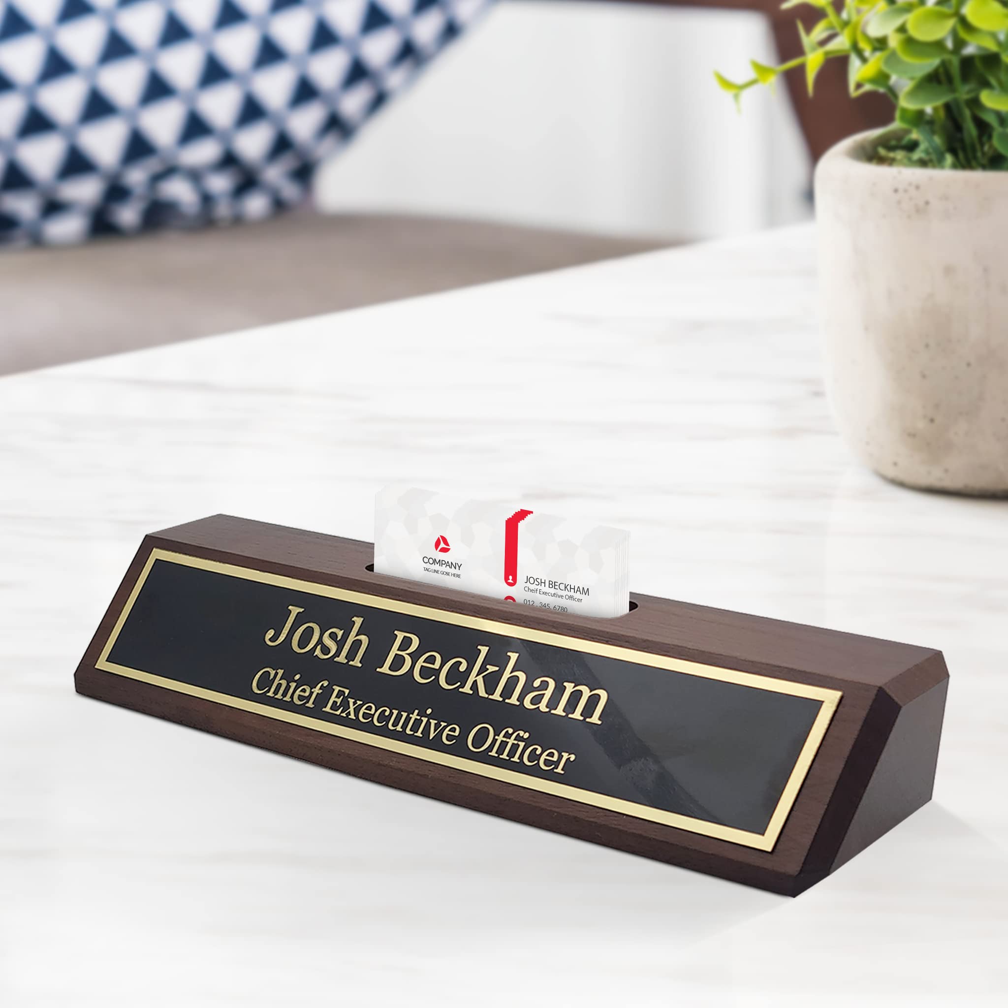 Custom Engraved Wooden Name Plate for Office Desk | Personalized Business Name Sign with Card Holder - 2