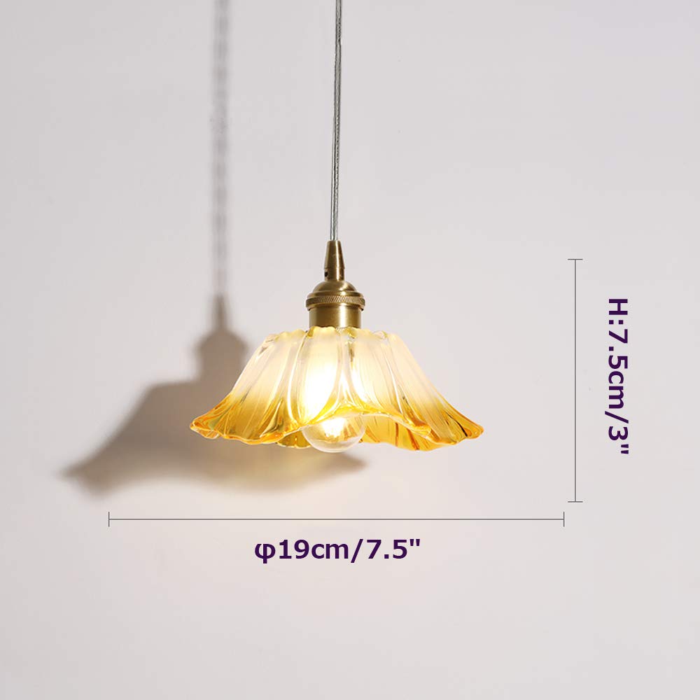 Lotus Shaped Yellow Glass Plug-in Pendant Light with 15ft Dimmer Cord & Copper Holder - E26 Ceiling Chandelier for Bedroom, Living Room, Dining Room - Perfect for Ambient Wall Lighting (Bulbs Not Included)
