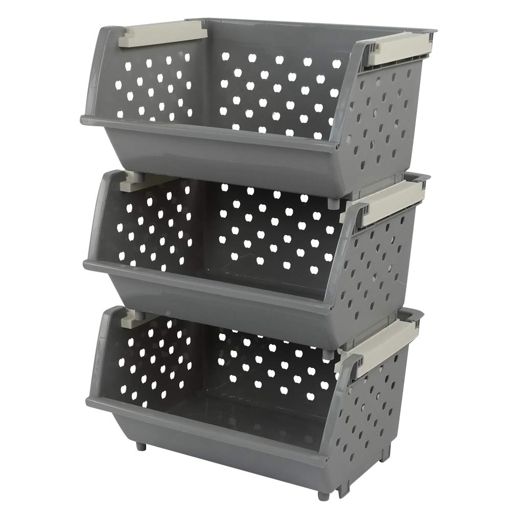 Plastic Stackable Storage Bins - Multi-Functional Organizing Baskets for Home & Office - Set of 3 in Grey - Perfect for Pantry, Closet & Garage Organization