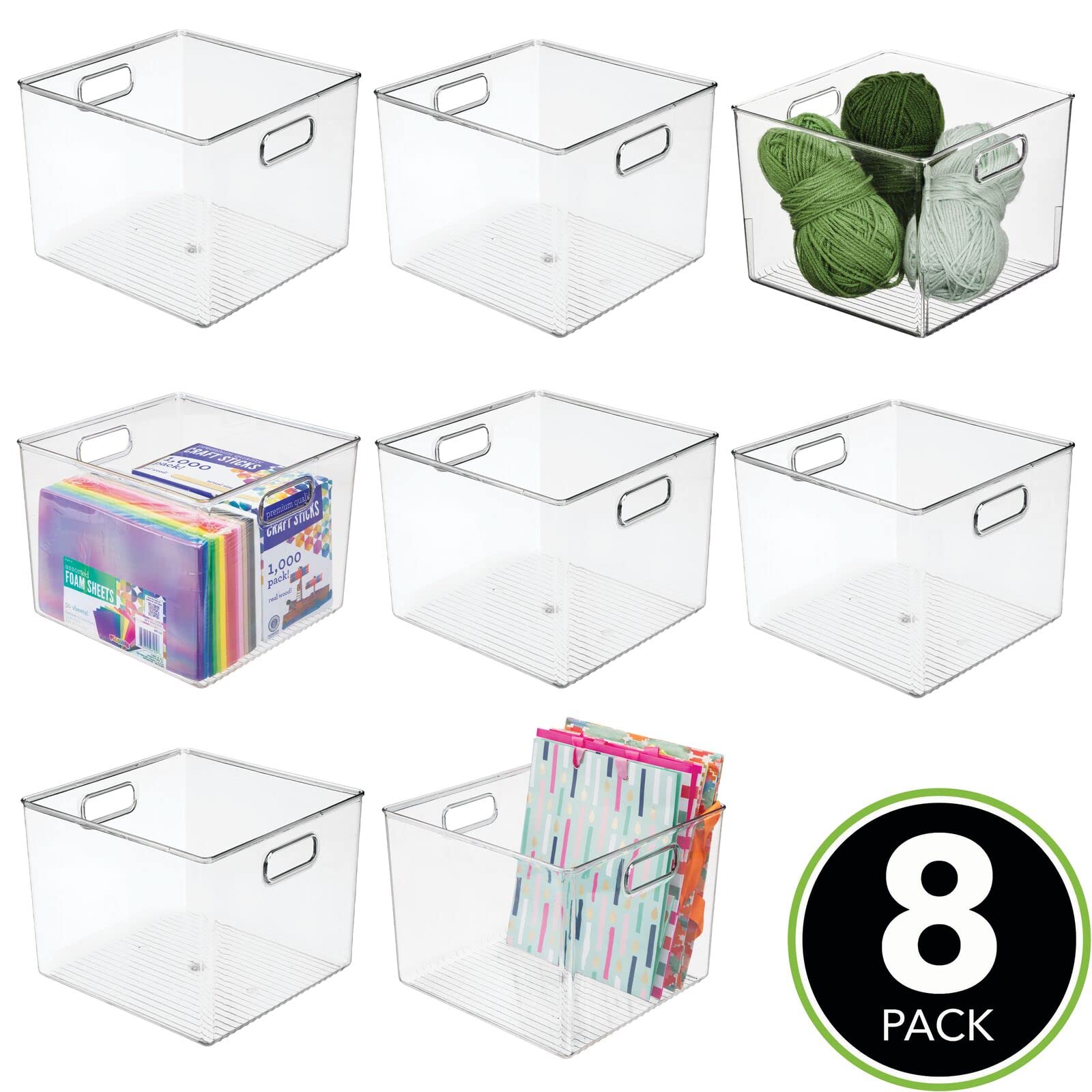 mDesign Small Modern Plastic Storage Bins with Handles - 8 Pack Clear Organizer Baskets for Craft Room, Shelf, Cubby, Cabinet & Closet Organization - Perfect for DIY Supplies, Office Accessories & Home Decor Storage