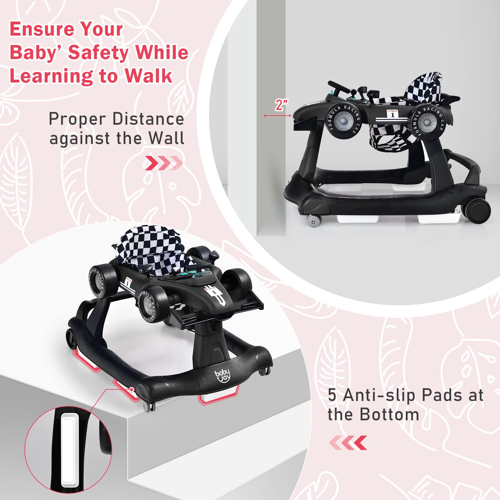 BABY JOY 4-in-1 Foldable Baby Walker with Adjustable Height & Speed - Musical Light-Up Activity Walker with Anti-Rollover Wheels for Toddlers 6-18 Months (Black) | Perfect for Learning to Walk, Indoor Play & Early Development