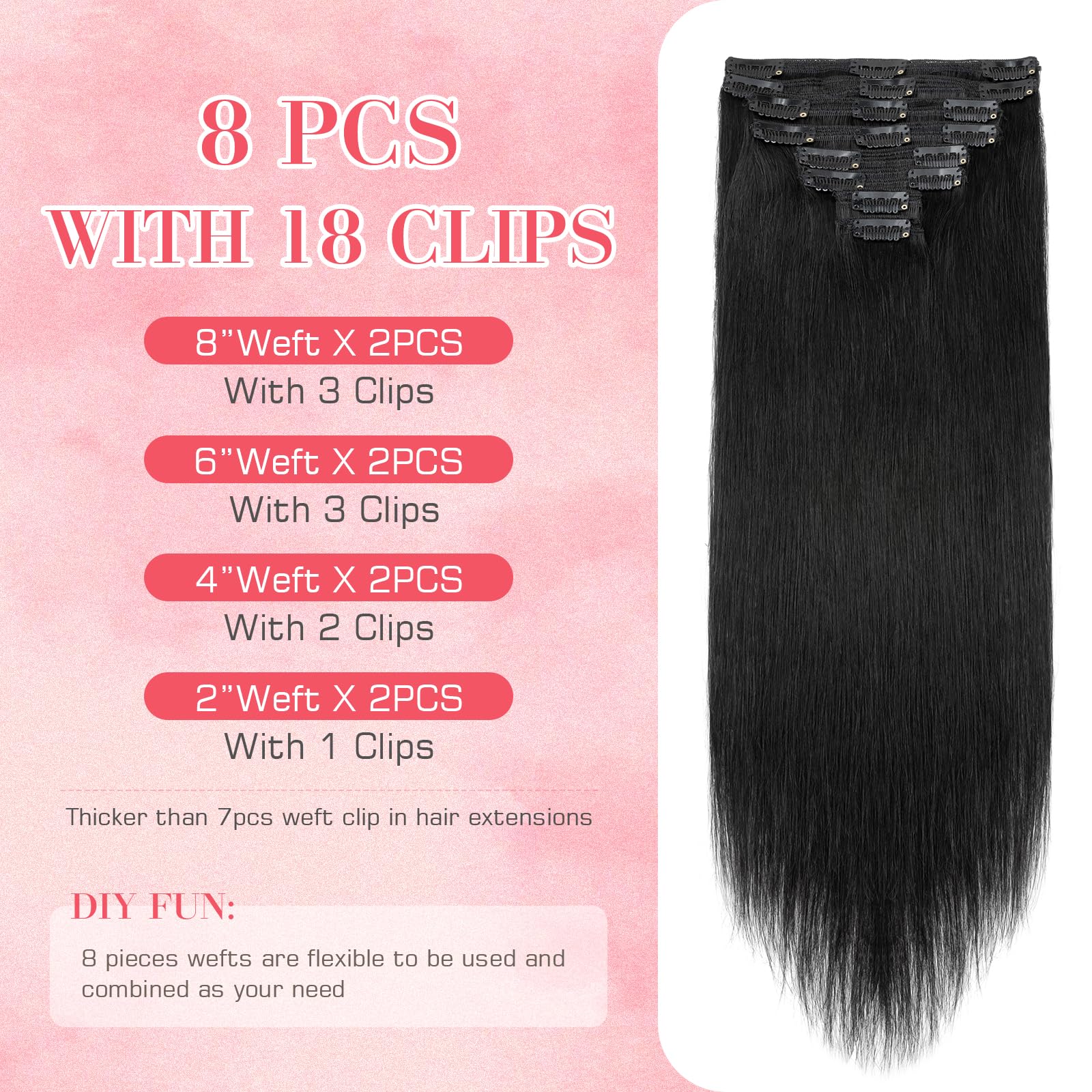 S-noilite Clip in Hair Extensions 18 Inch 8pcs - 100% Real Human Hair, Jet Black, Double Weft, Straight Style (140g) - Perfect for Volume, Length & Styling for Parties, Weddings & Daily Wear #1