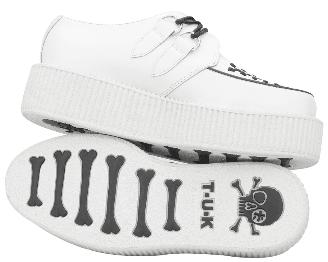 T.U.K White Leather Low Creeper Shoes with White Sole - Punk Rock Fashion for Women & Men | Perfect for Concerts, Parties & Everyday Streetwear