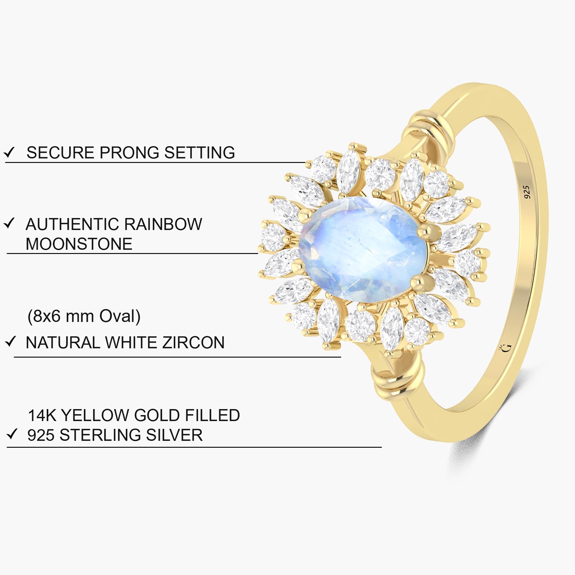 White Rainbow Moonstone Gold Statement Ring for Women - Elegant Wedding, Engagement & Party Jewelry - Perfect for Bridal, Anniversary & Special Occasions