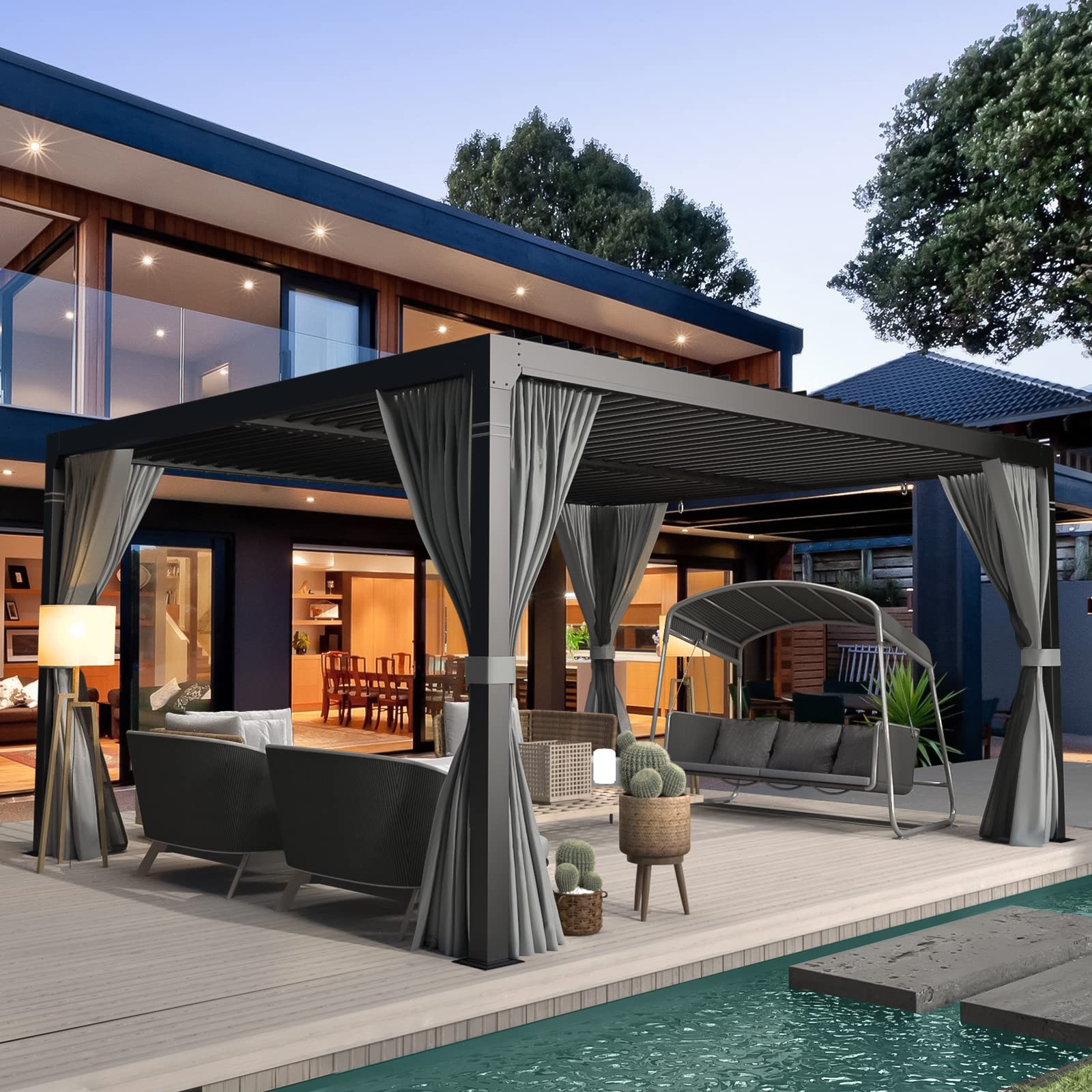 EROMMY 10x12FT Aluminum Louvered Pergola with Adjustable Rainproof Roof - Outdoor Sun Shade Shelter for Garden, Patio & Backyard (Includes Curtains & Netting) - Perfect for Entertaining, Relaxing & Outdoor Dining - Gray-Black