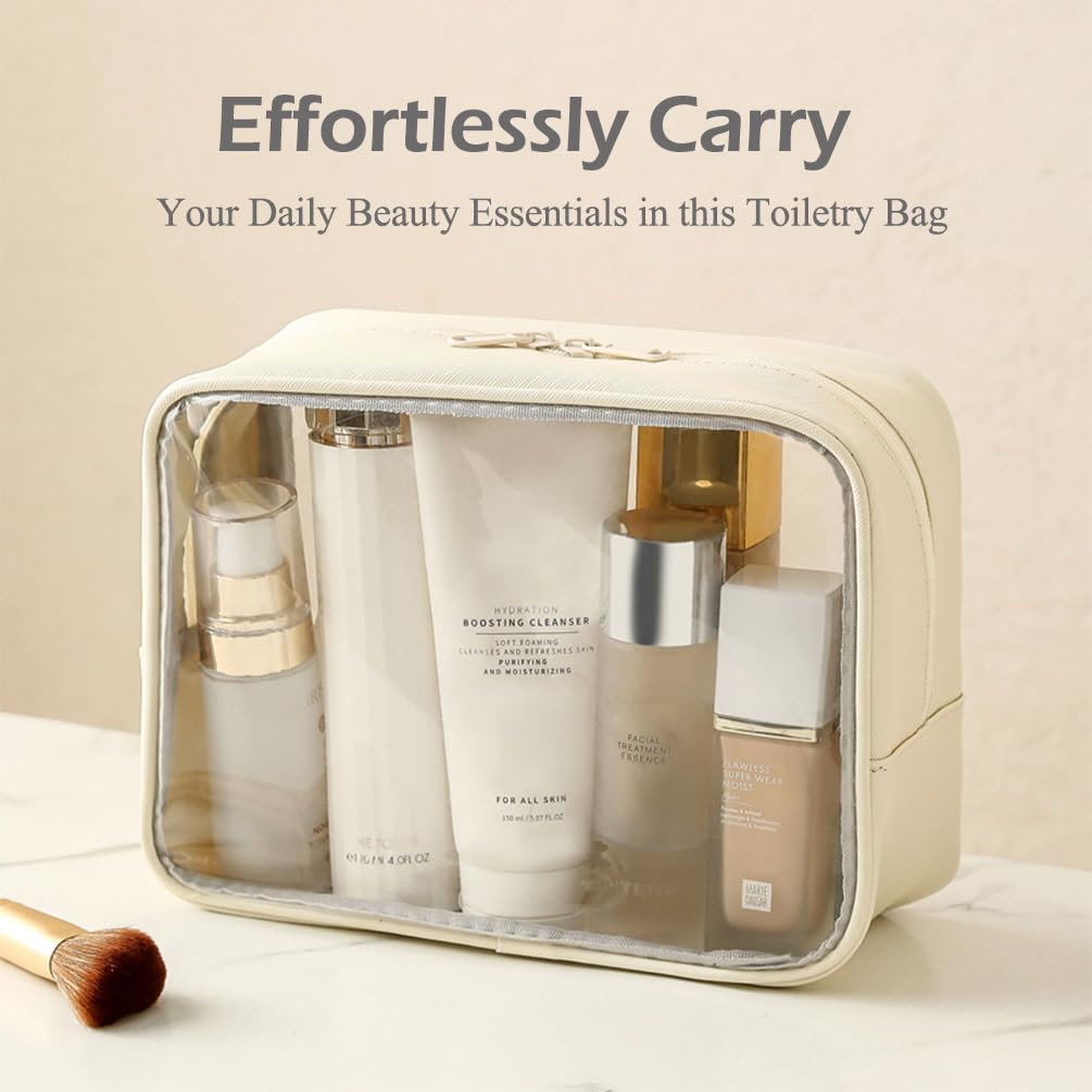 Clear PVC Toiletry Bag for Travel & Gym - Large Capacity (Cream)