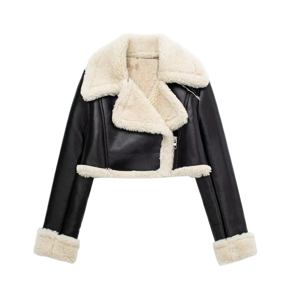 2023 Women's Faux Shearling Cropped Jacket - Vintage Long Sleeve Zip Front Coat, Warm Winter Outerwear for Women | Casual Street Style, Date Night, Office Wear