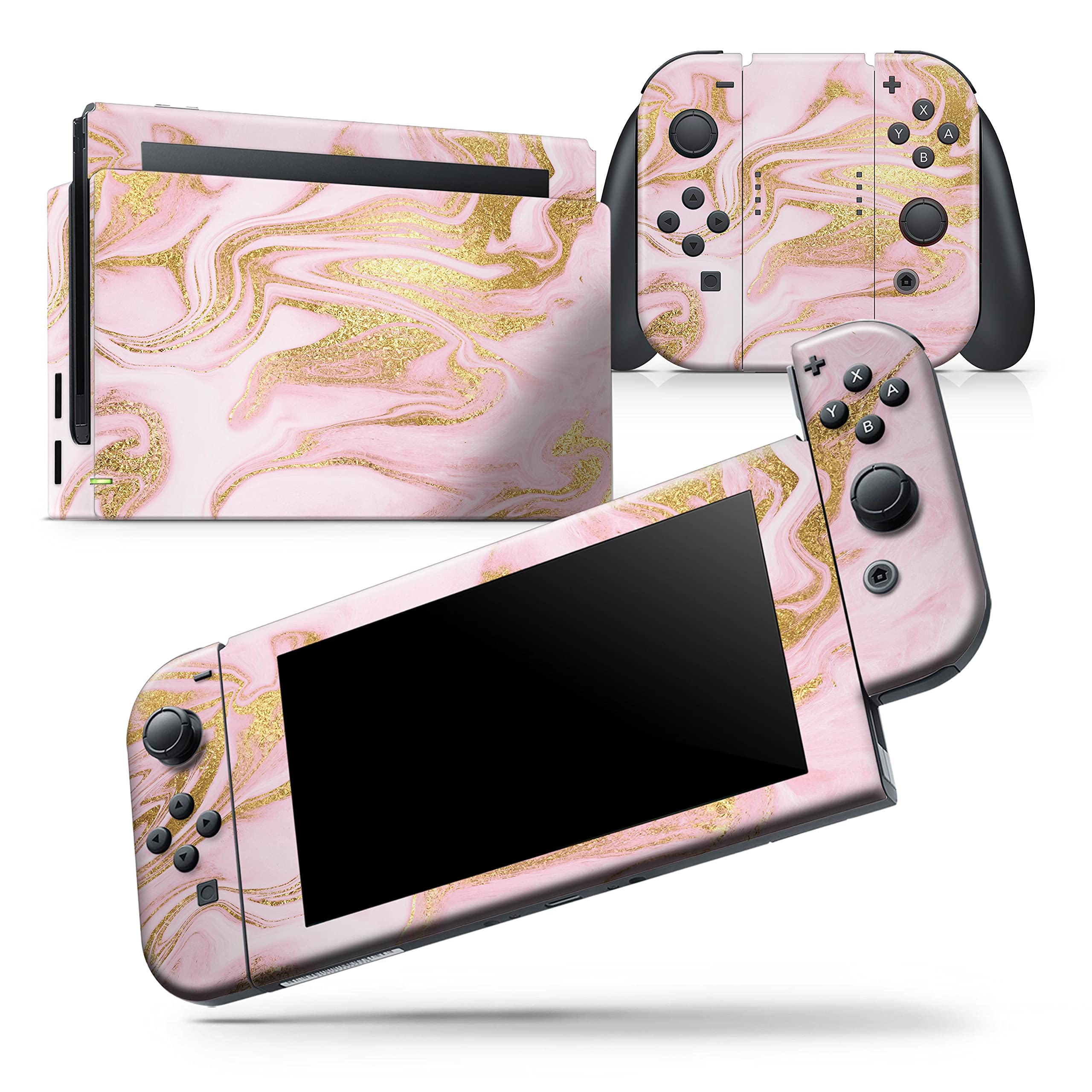 Nintendo Switch Joy-Con Skin Decal - Scratch-Resistant Removable Vinyl Wrap Cover - Rose Pink Marble & Digital Gold Frosted Foil V11 - Perfect for Gaming, Travel & Customization