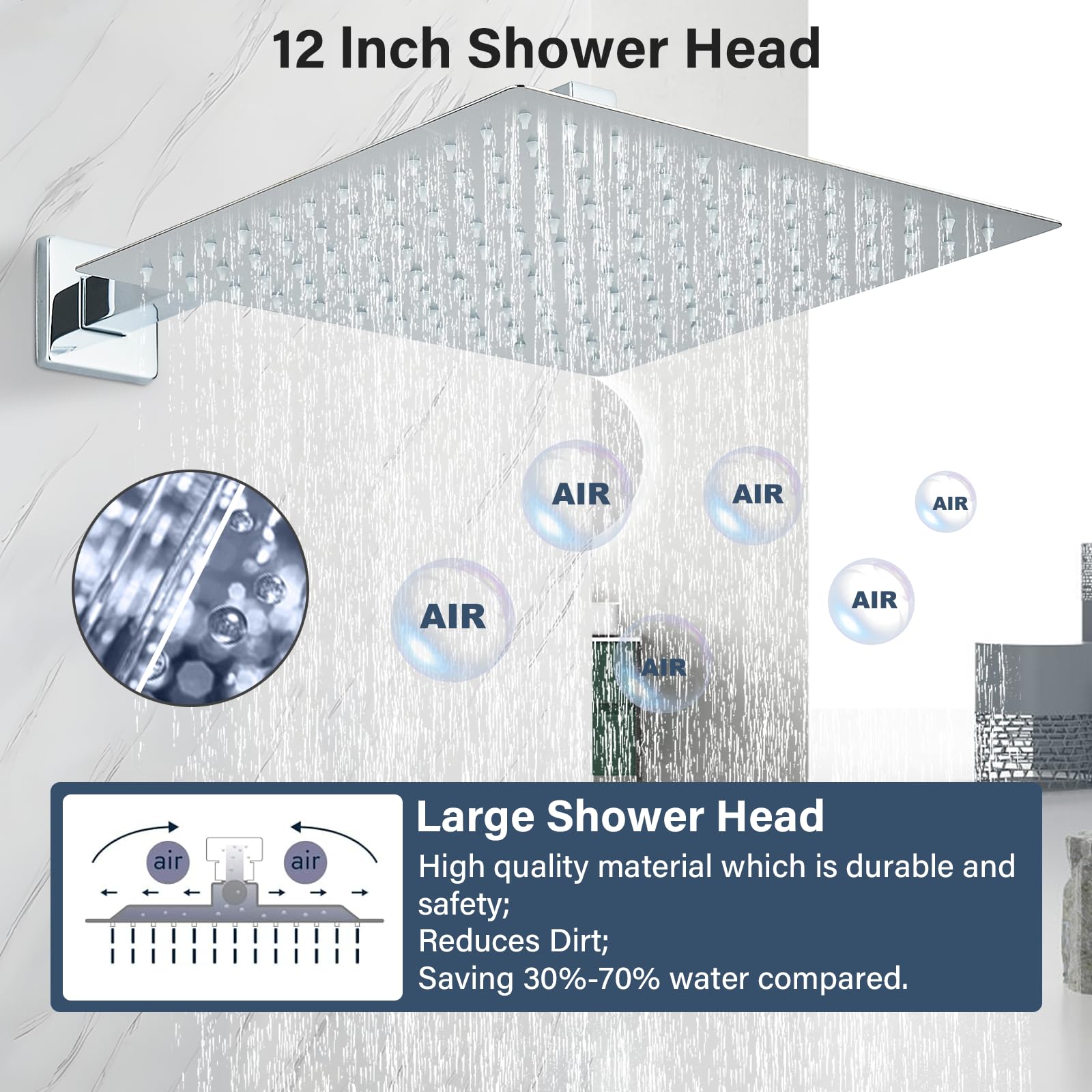 NeierThodore Polished Chrome Wall Mounted Rainfall Shower System - 12 Inch Shower Head, Tub Spout & Rough-in Valve - Luxury Bathroom Faucet Set for Spa-Like Shower Experience