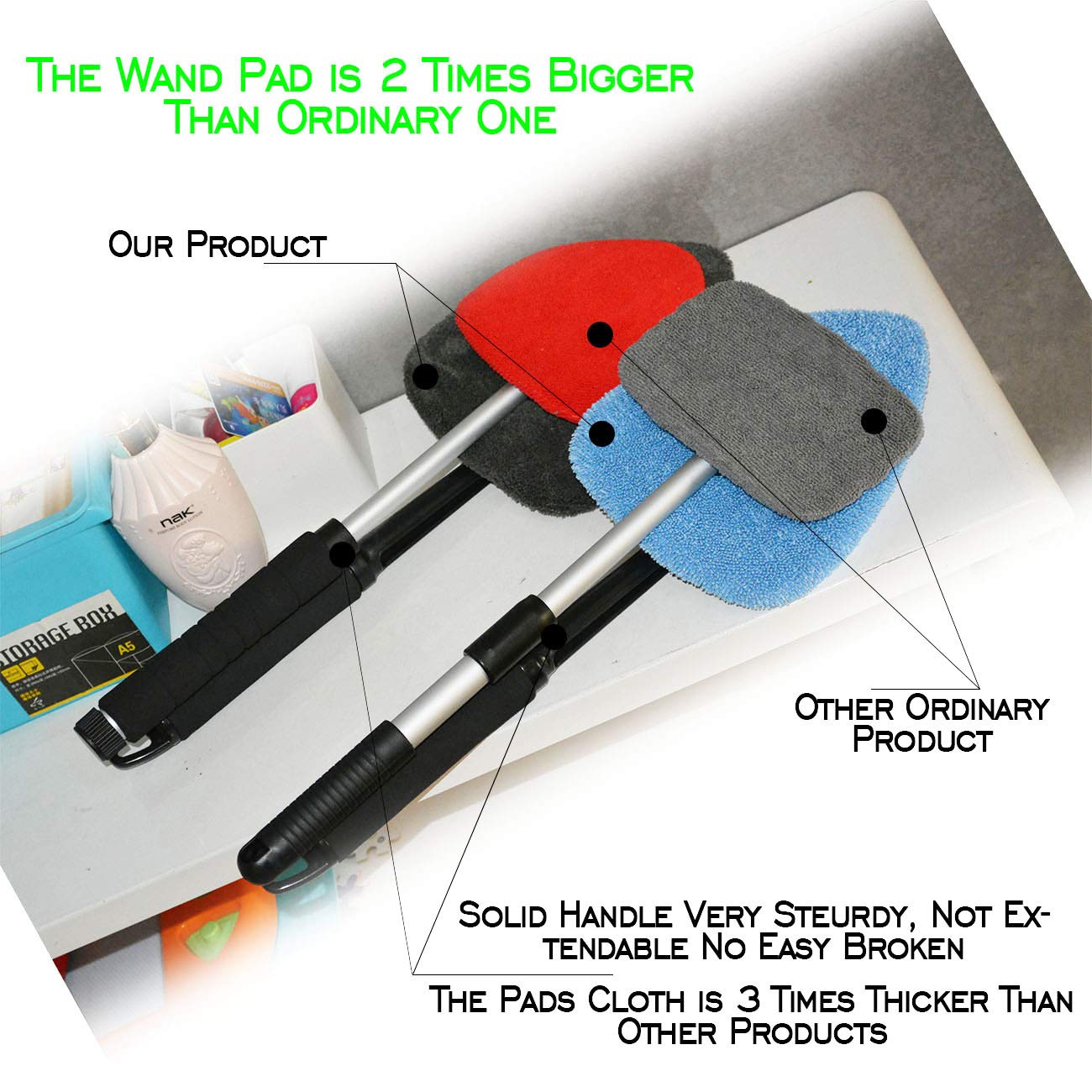 Premium Car Windshield Cleaner Tool - Microfiber Glass Cleaning Wand with Extra Thick Soft Cloth (2X Larger Pad) & Mini Spray Bottle Kit - Perfect for Car Windows, Home Glass Doors & Mirrors