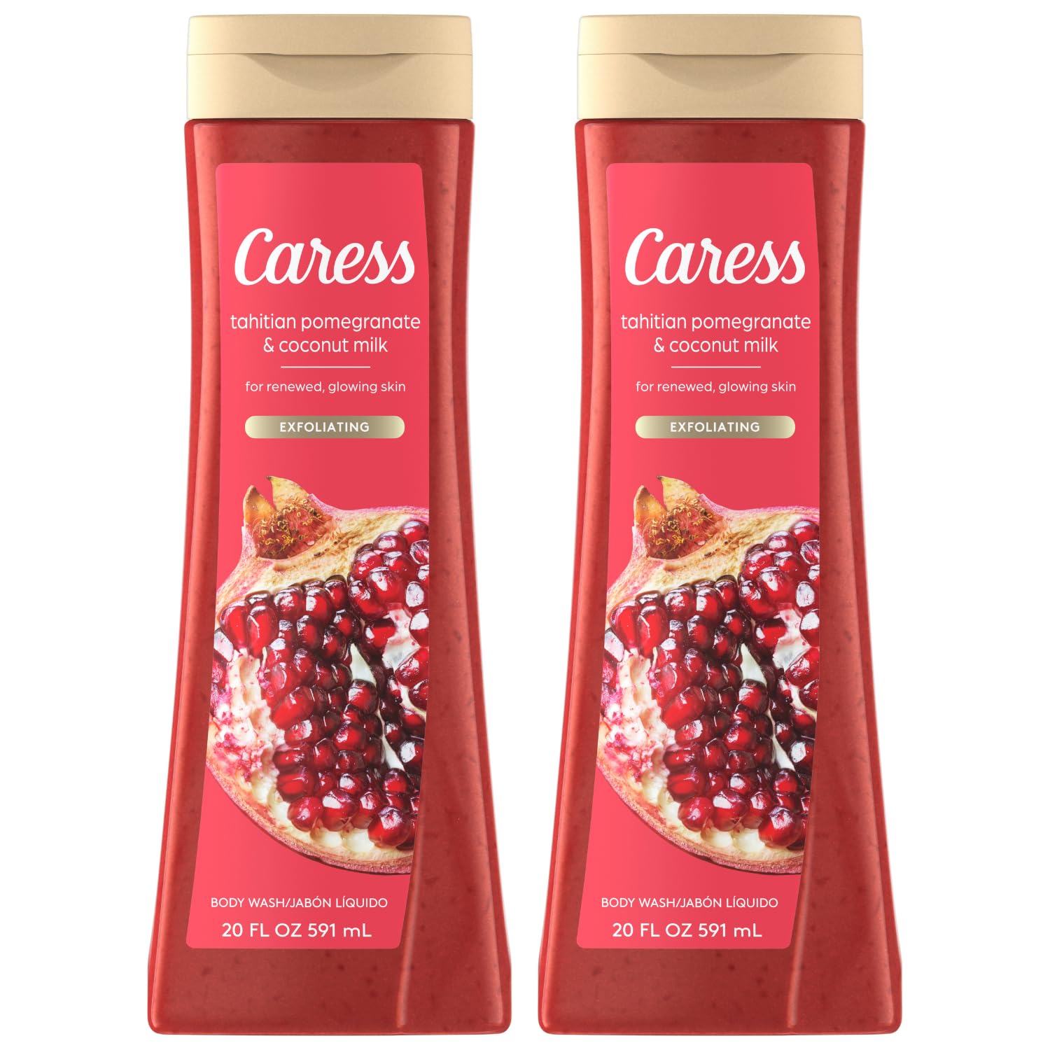 Caress Tahitian Pomegranate & Coconut Milk Moisturizing Body Wash - Exfoliating Liquid Soap for Glowing Skin (20 Fl Oz, Pack of 2) | Hydrating Shower Gel for Dry Skin, Daily Body Cleanser for Women & Men