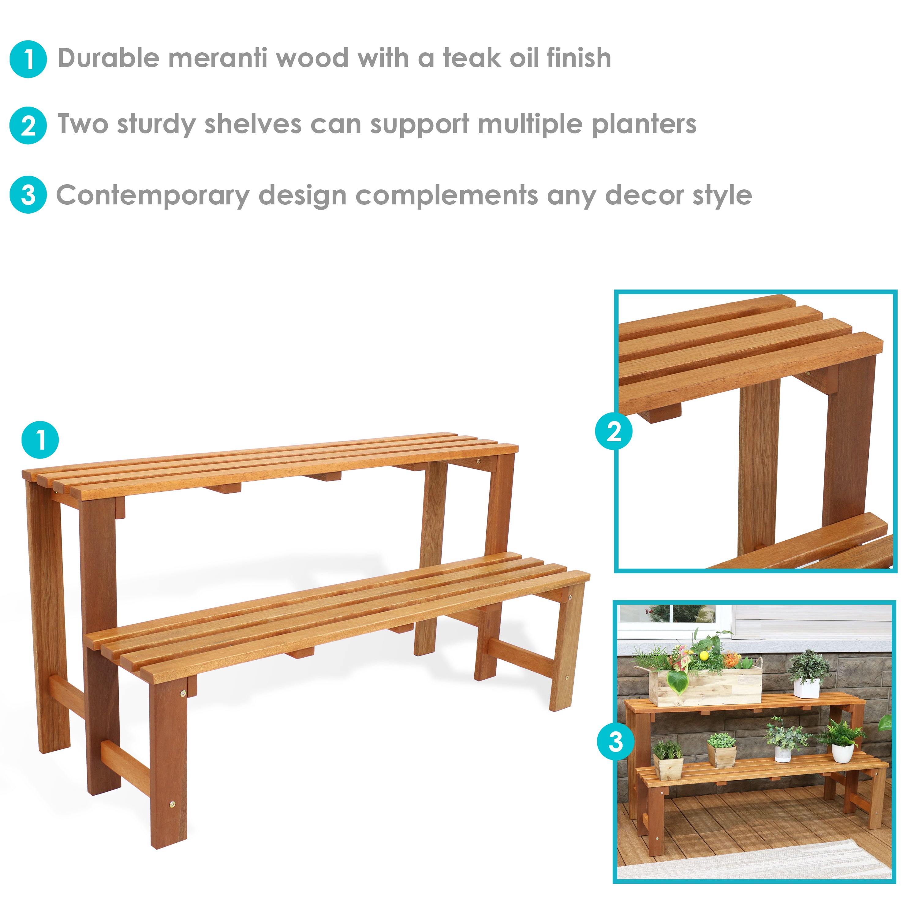 Sunnydaze 2-Tier Meranti Wood Outdoor Plant Stand with Teak Oil Finish - Perfect for Patio, Garden, and Balcony Decor