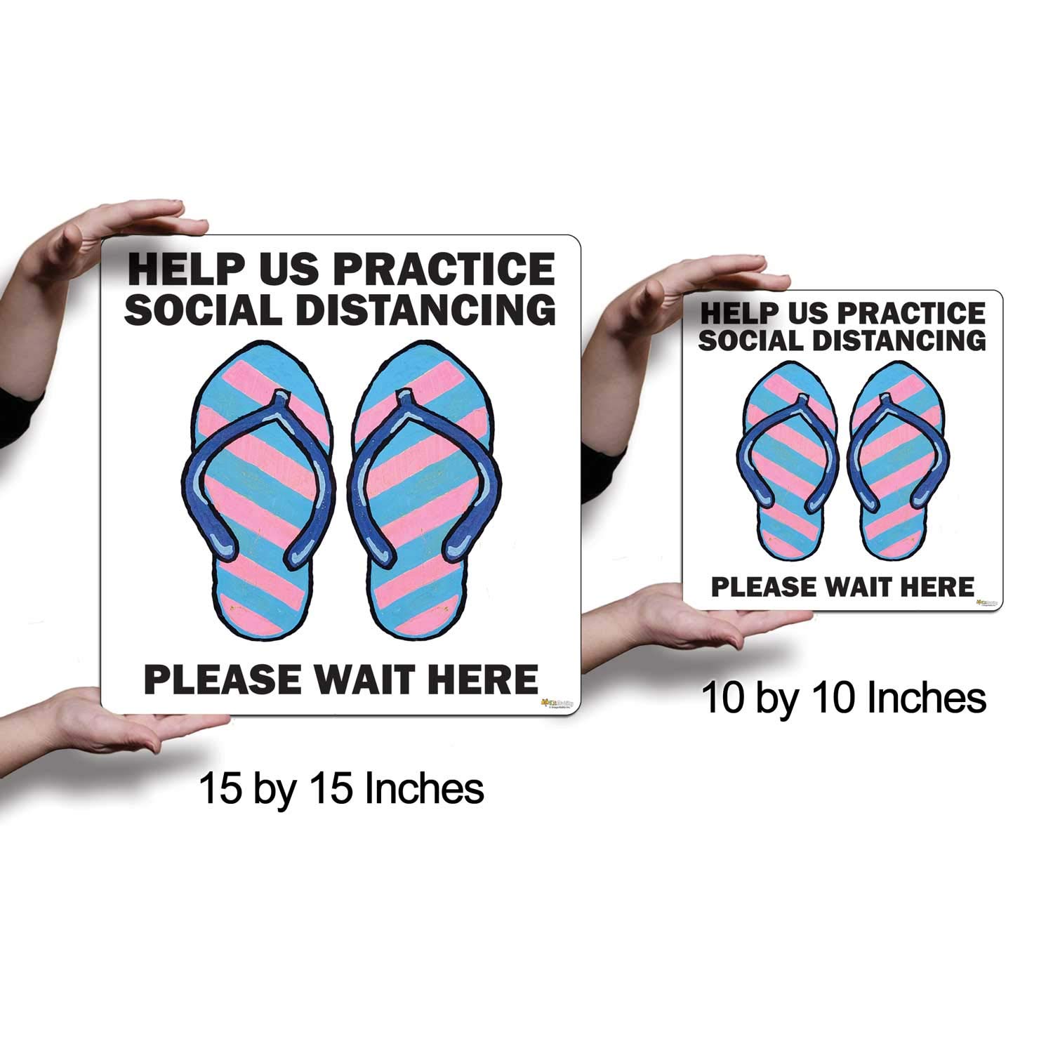 12 Pack Non-Slip Social Distancing Floor Stickers - 15x15 Inch Shoe Graphics with Flip Flop Sandals Design - 'Please Wait Here' Safety Signs for Retail Stores, Restaurants & Public Spaces