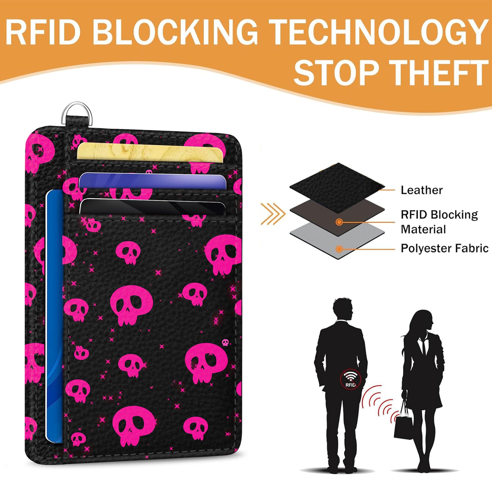 METALPHA Slim RFID Blocking Credit Card Holder - Pink Skull Design Front Pocket Wallet for Women | Cute Mini Thin ID Card Organizer | Perfect for Travel, Shopping & Everyday Use