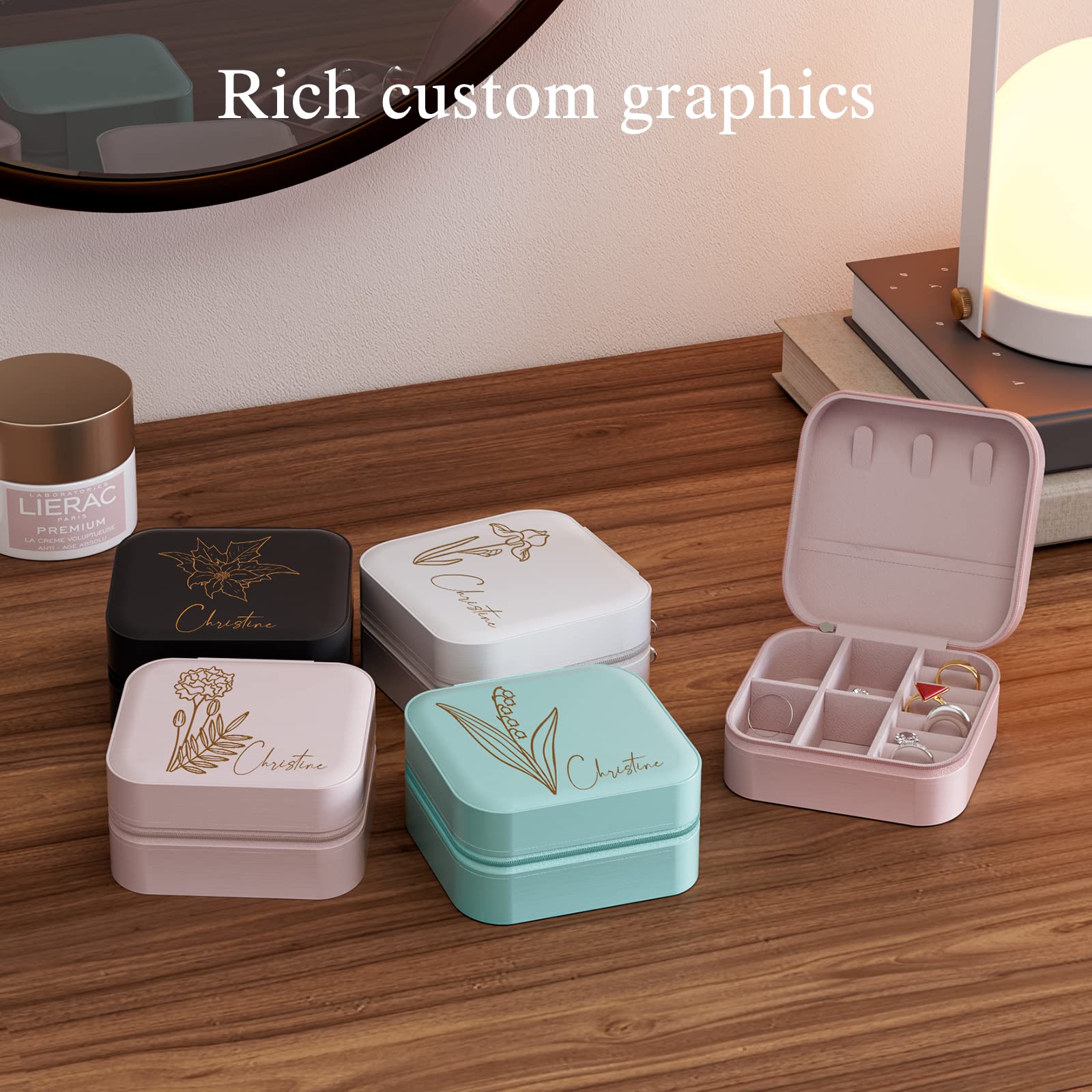 Personalized Jewelry Box for Women - Custom Travel Jewelry Organizer with Birth Flower & Name, Portable Small Jewelry Case | Perfect Bridesmaid Gifts, Wedding Gifts, Birthday & Anniversary Presents for Mom, Wife, Girlfriend | Great for Travel, Home Storage & Special Occasions